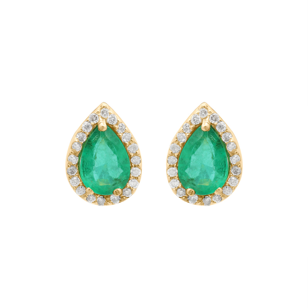 Pear Shaped Natural Emerald And Diamond Stud Earrings In 18k Yellow Gold