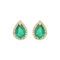 Pear Shaped Natural Emerald And Diamond Stud Earrings In 18k Yellow Gold