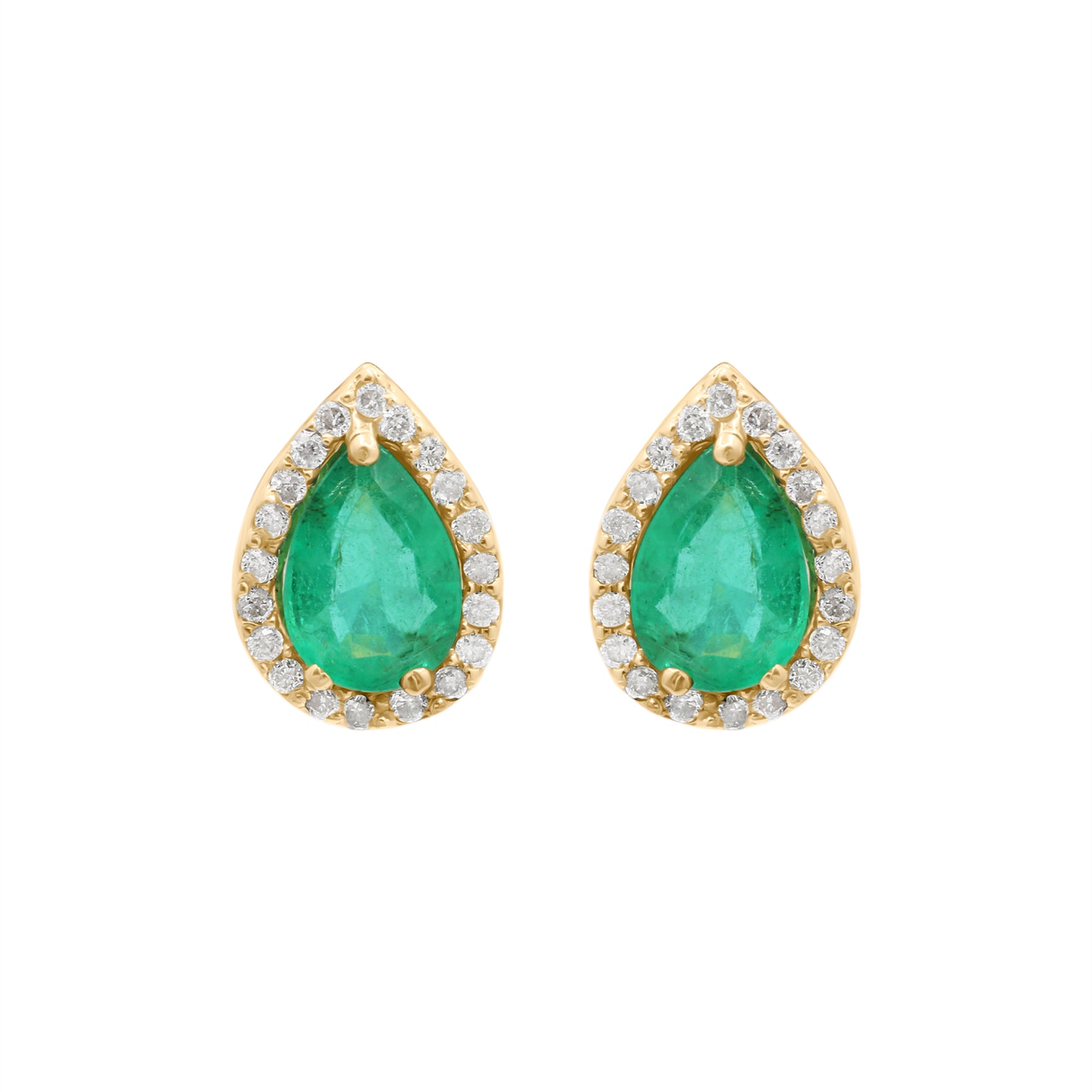 Pear Shaped Natural Emerald And Diamond Stud Earrings In 18k Yellow Gold