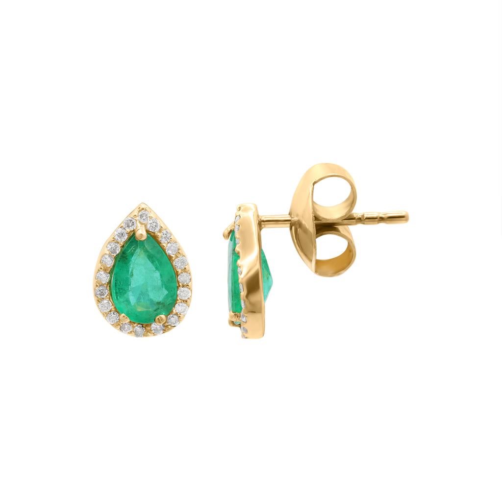 Pear Shaped Natural Emerald And Diamond Stud Earrings In 18k Yellow Gold