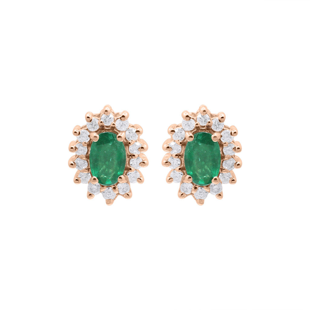 18k Yellow Gold Natural Oval Emerald With Diamond Stud Earrings