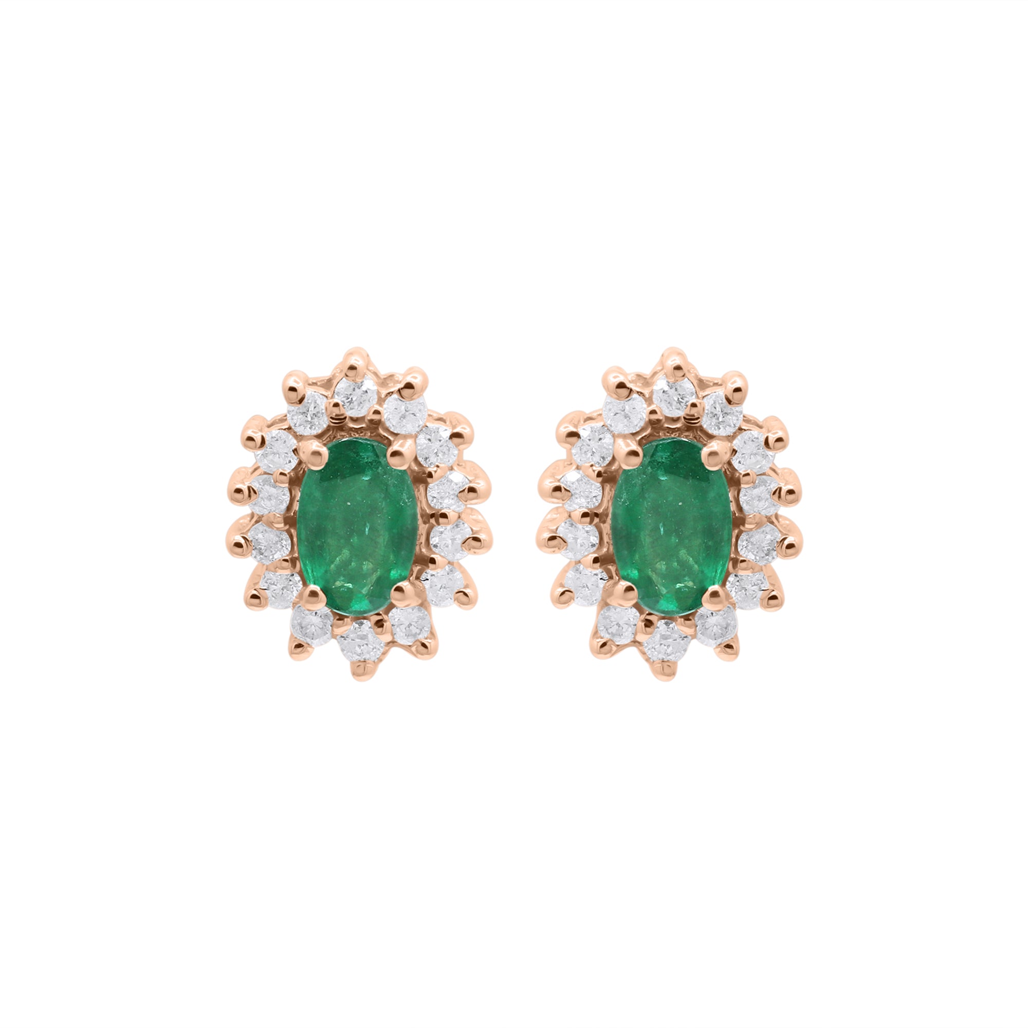 18k Yellow Gold Natural Oval Emerald With Diamond Stud Earrings