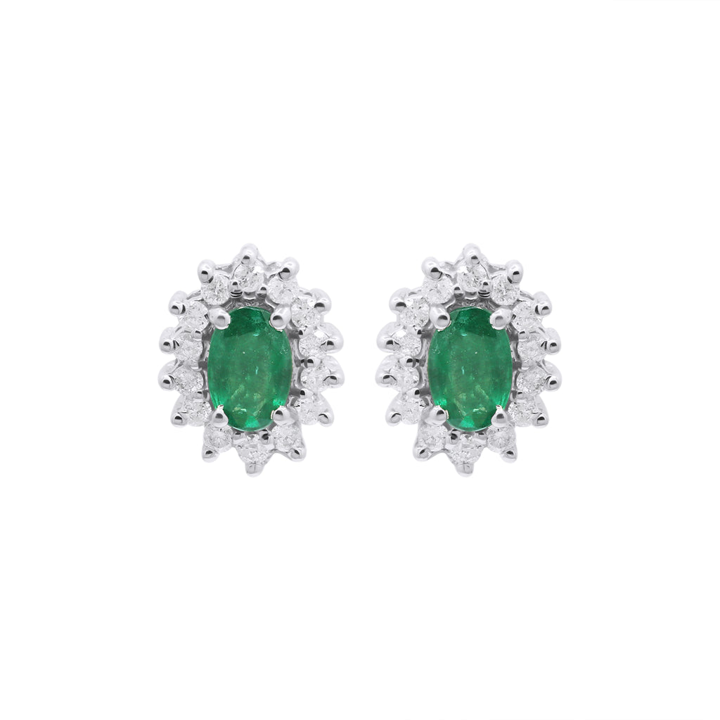 18k Yellow Gold Natural Oval Emerald With Diamond Stud Earrings