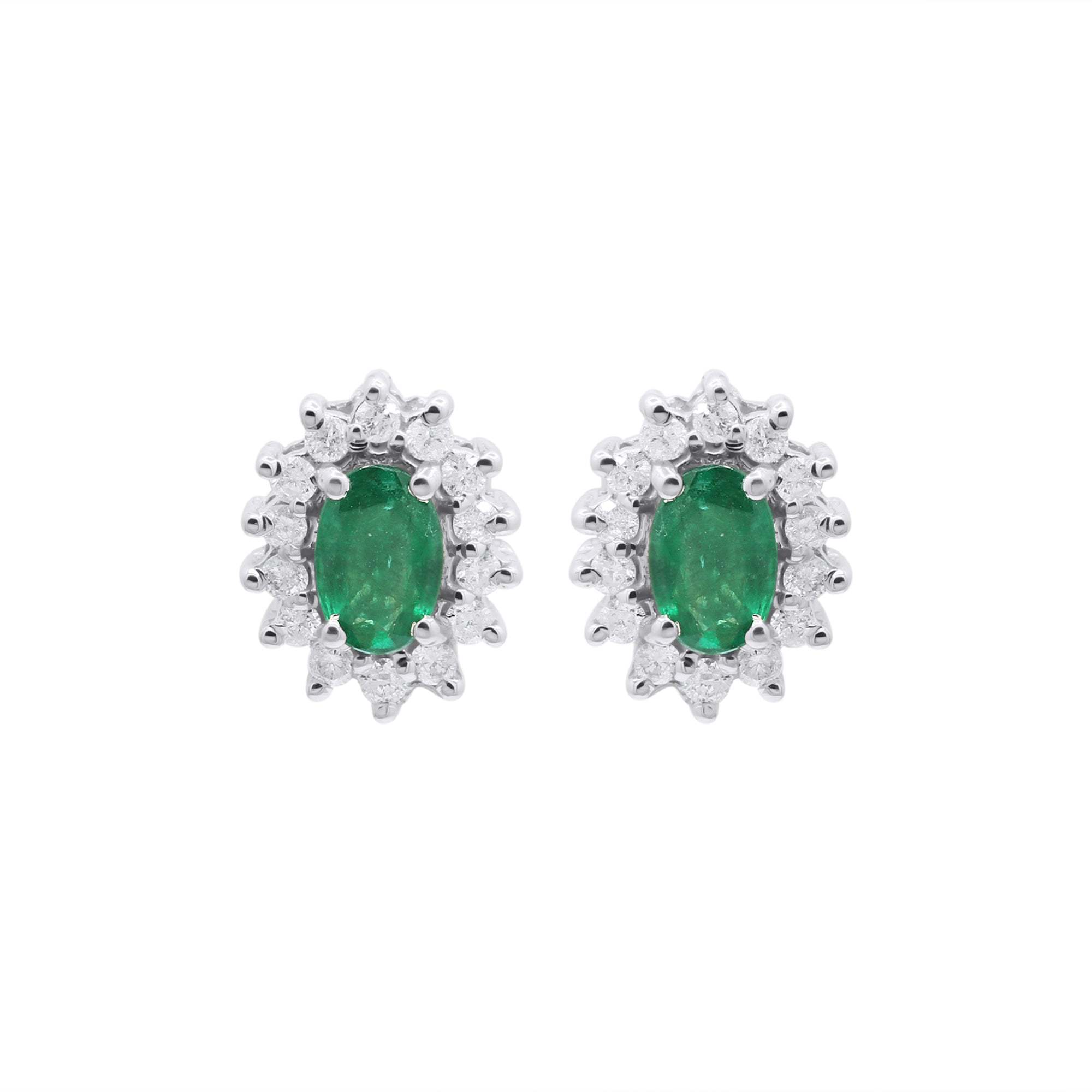 18k Yellow Gold Natural Oval Emerald With Diamond Stud Earrings