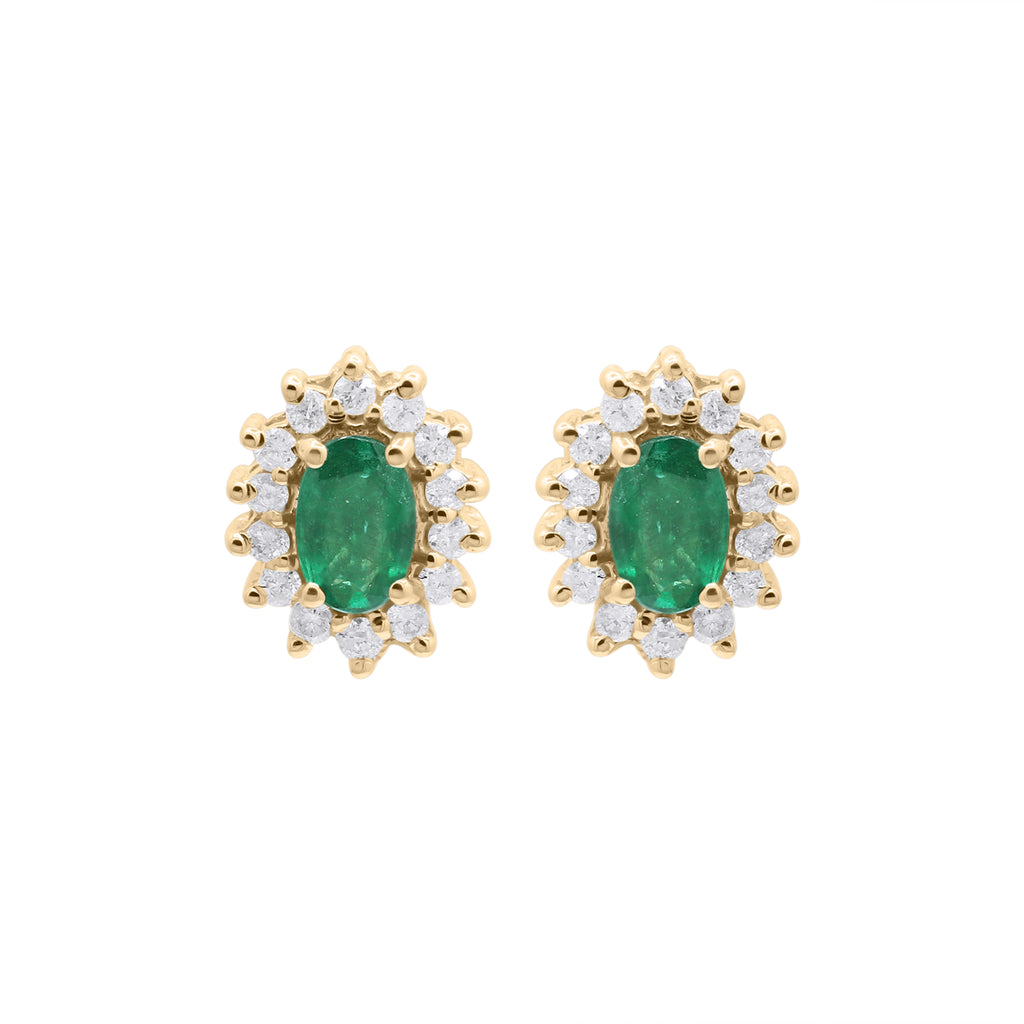 18k Yellow Gold Natural Oval Emerald With Diamond Stud Earrings
