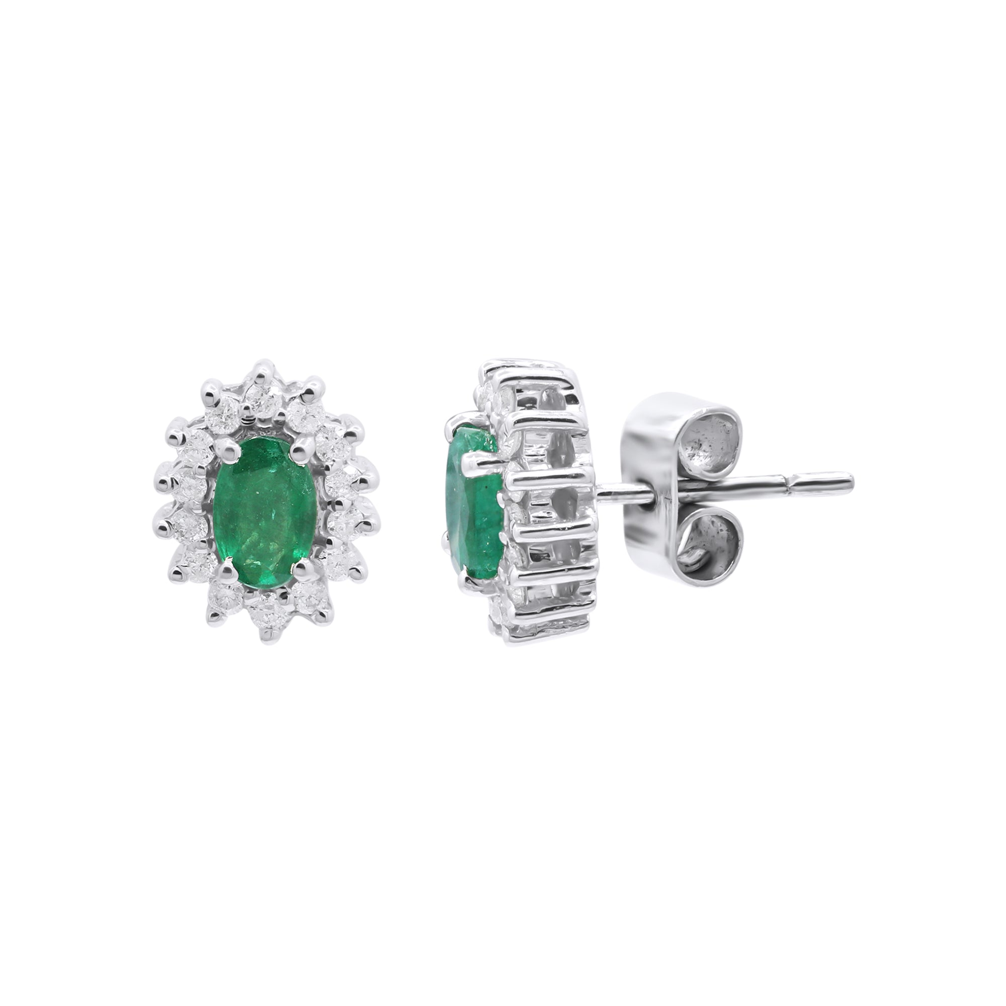 18k Yellow Gold Natural Oval Emerald With Diamond Stud Earrings