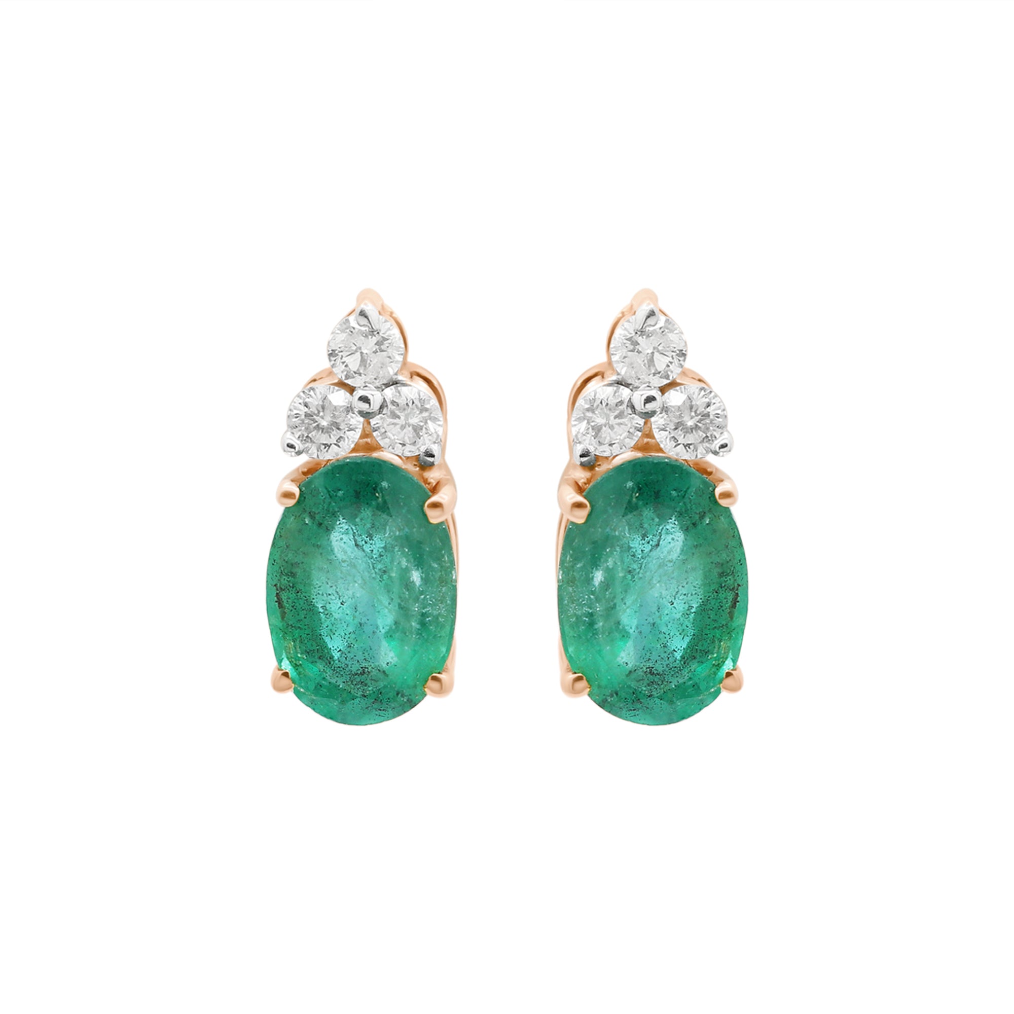 Natural Emerald And Diamond 14k Gold Stud Earring