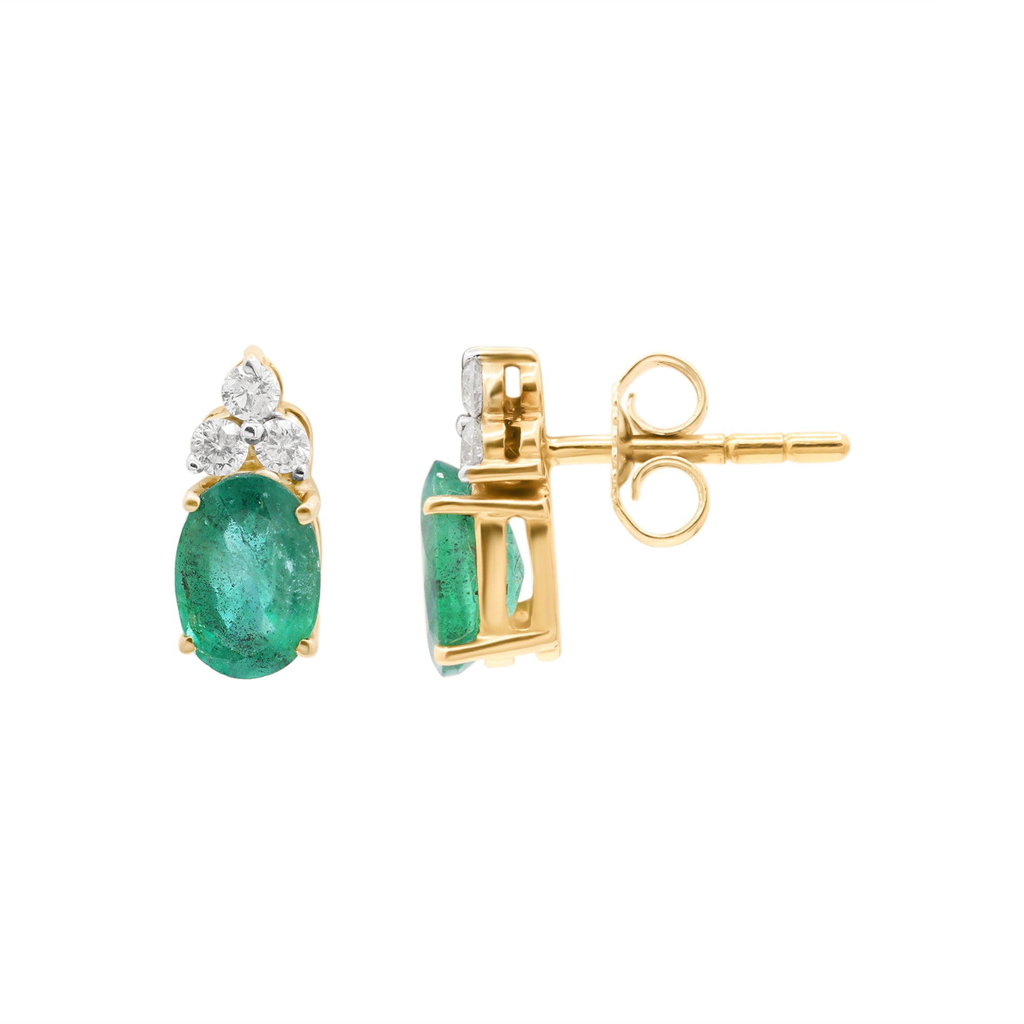 Natural Emerald And Diamond 14k Gold Stud Earring