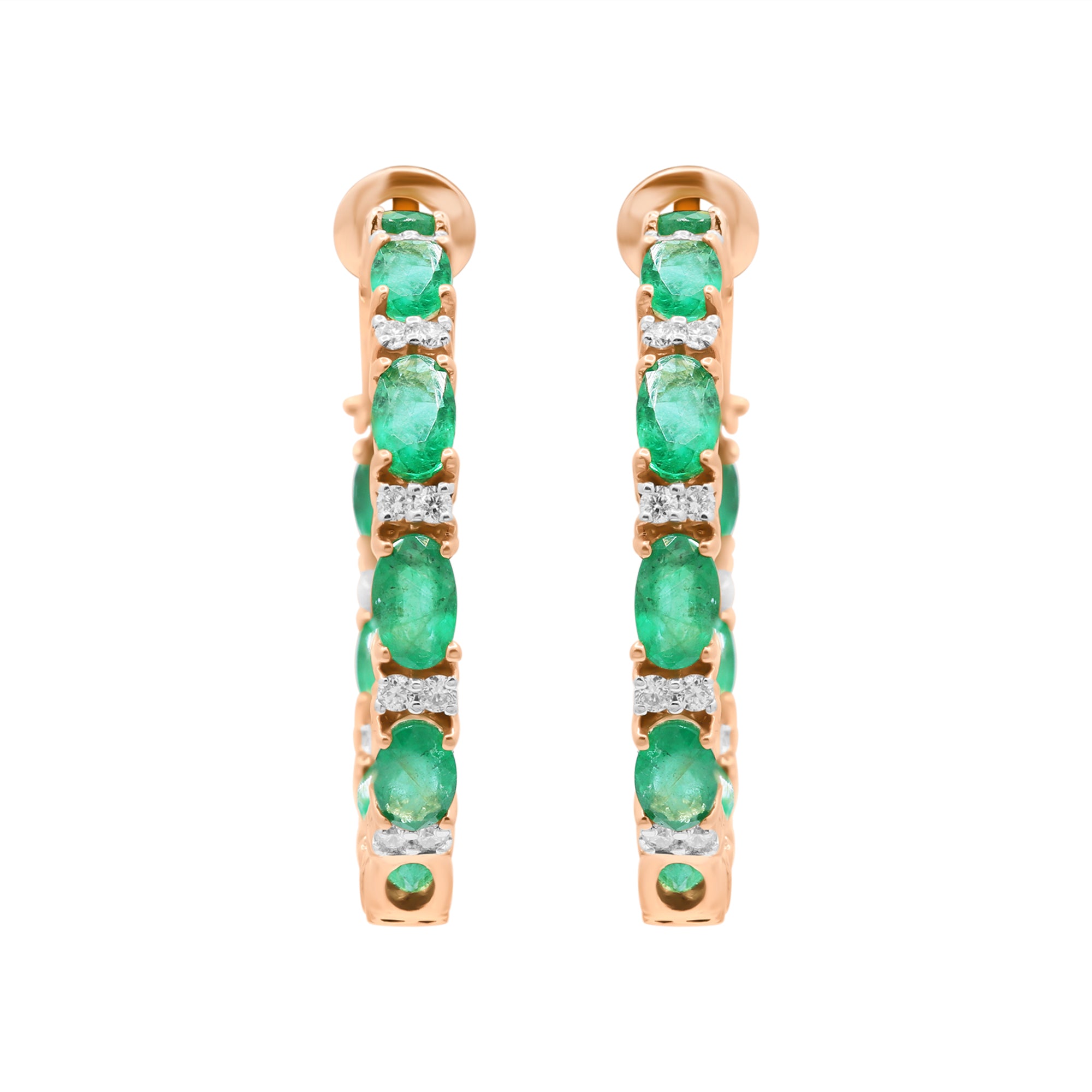 Natural Emerald With Diamond Hoop Earrings In 18k Yellow Gold