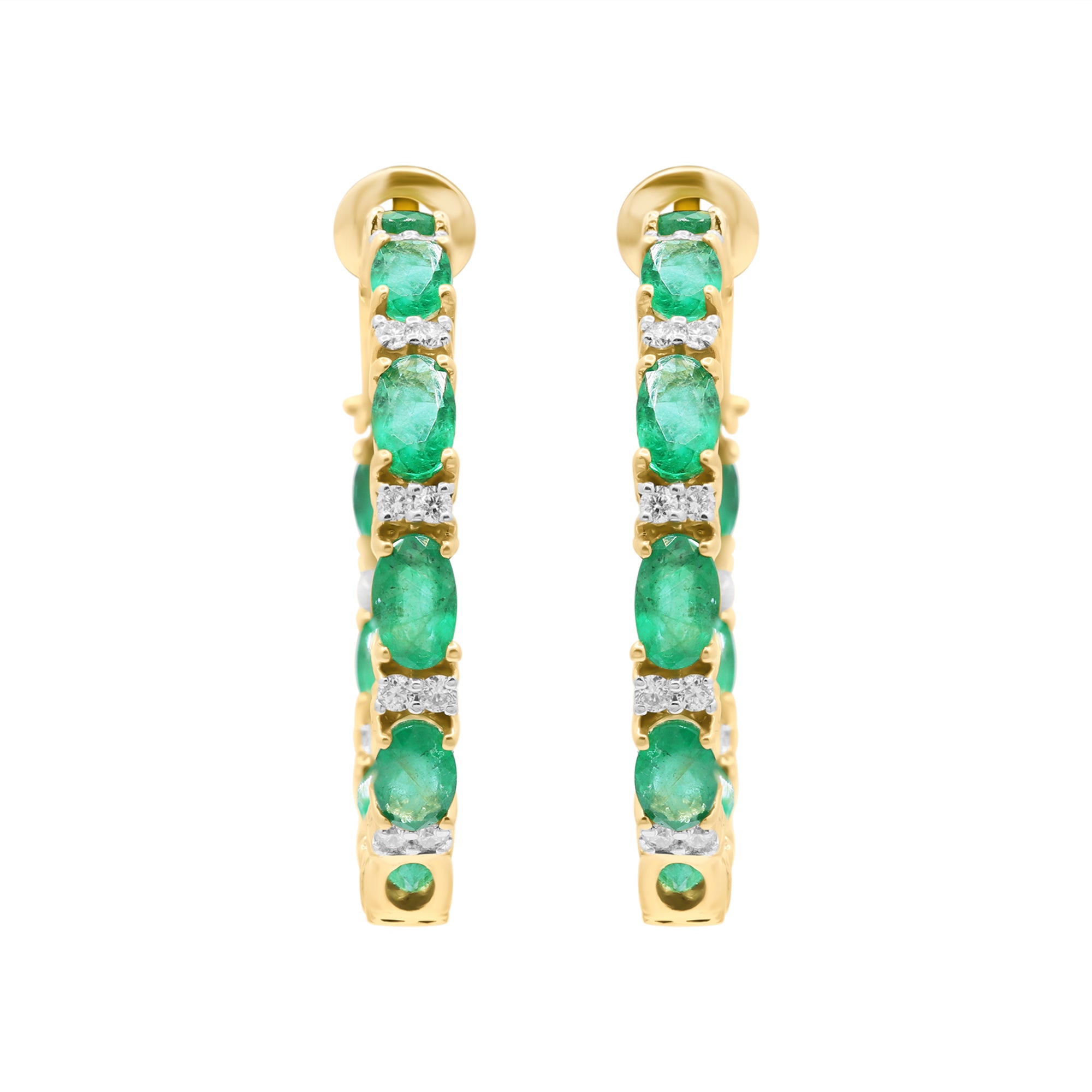 Natural Emerald With Diamond Hoop Earrings In 18k Yellow Gold