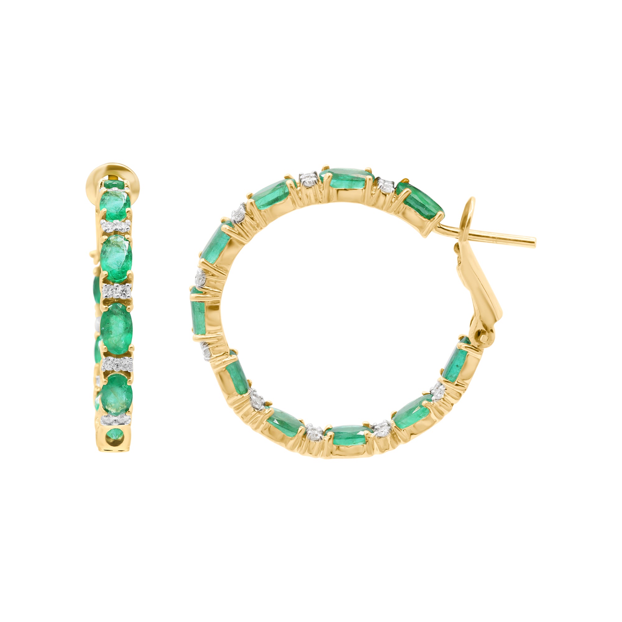 Natural Emerald With Diamond Hoop Earrings In 18k Yellow Gold