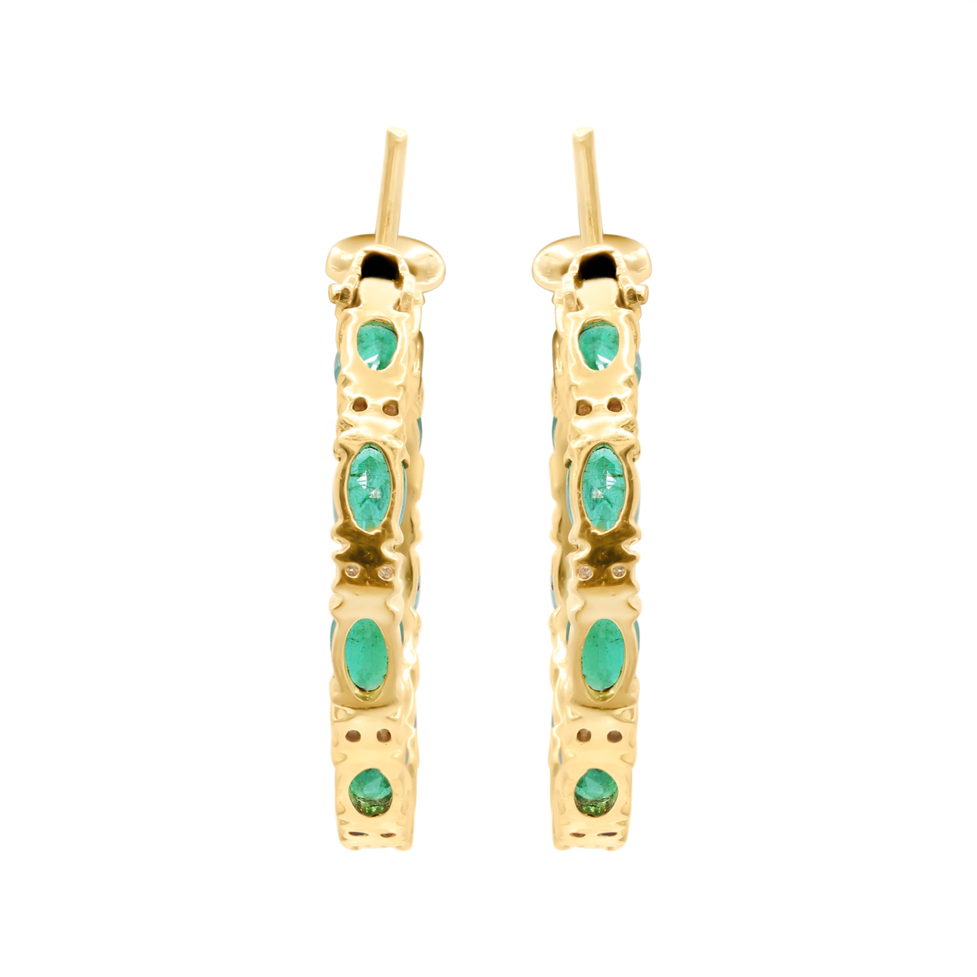 Natural Emerald With Diamond Hoop Earrings In 18k Yellow Gold