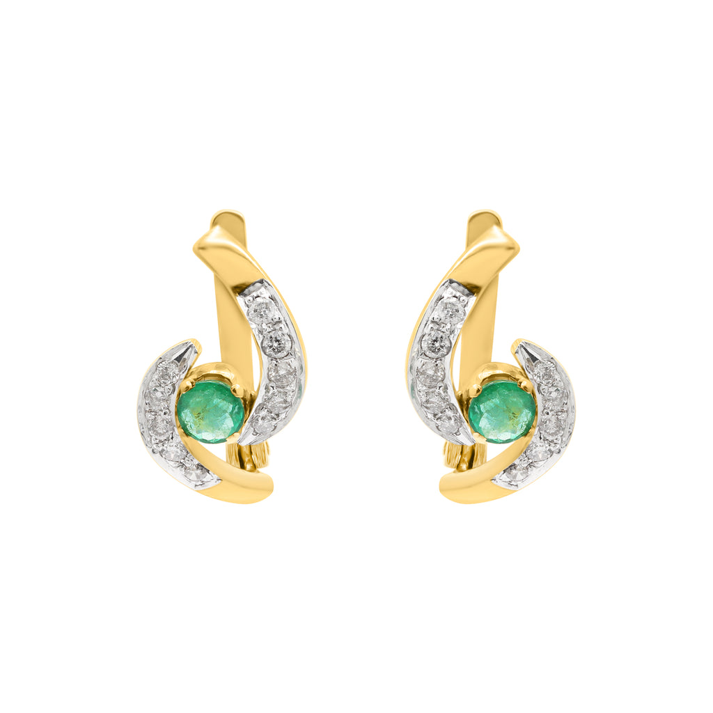 18k Yellow Gold Natural Emerald And Diamond Designer Stud Earrings