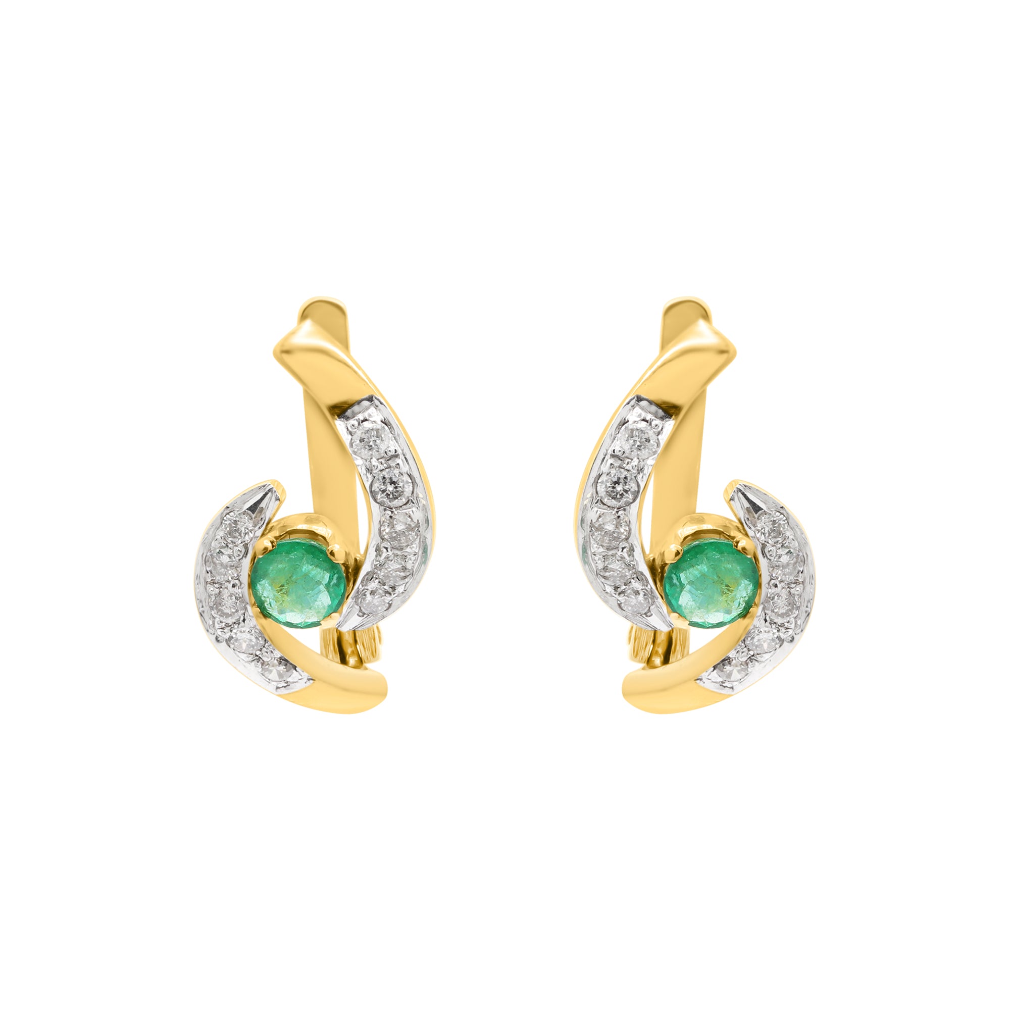 18k Yellow Gold Natural Emerald And Diamond Designer Stud Earrings