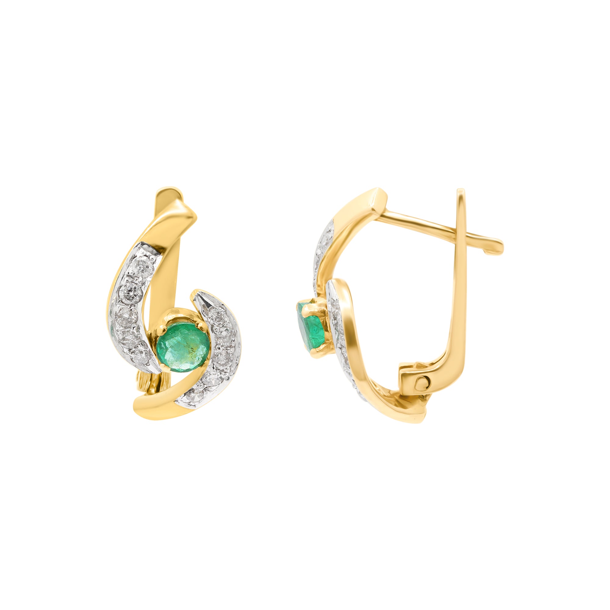18k Yellow Gold Natural Emerald And Diamond Designer Stud Earrings