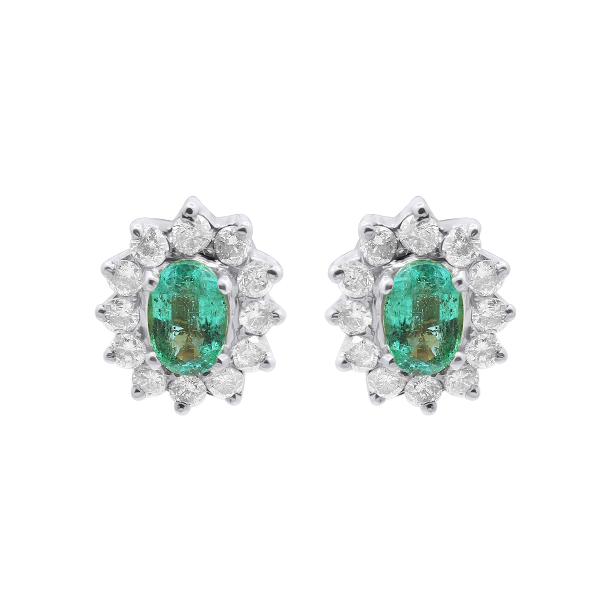 Oval Cut Emerald And Diamond 18k Yellow Gold Stud Earrings
