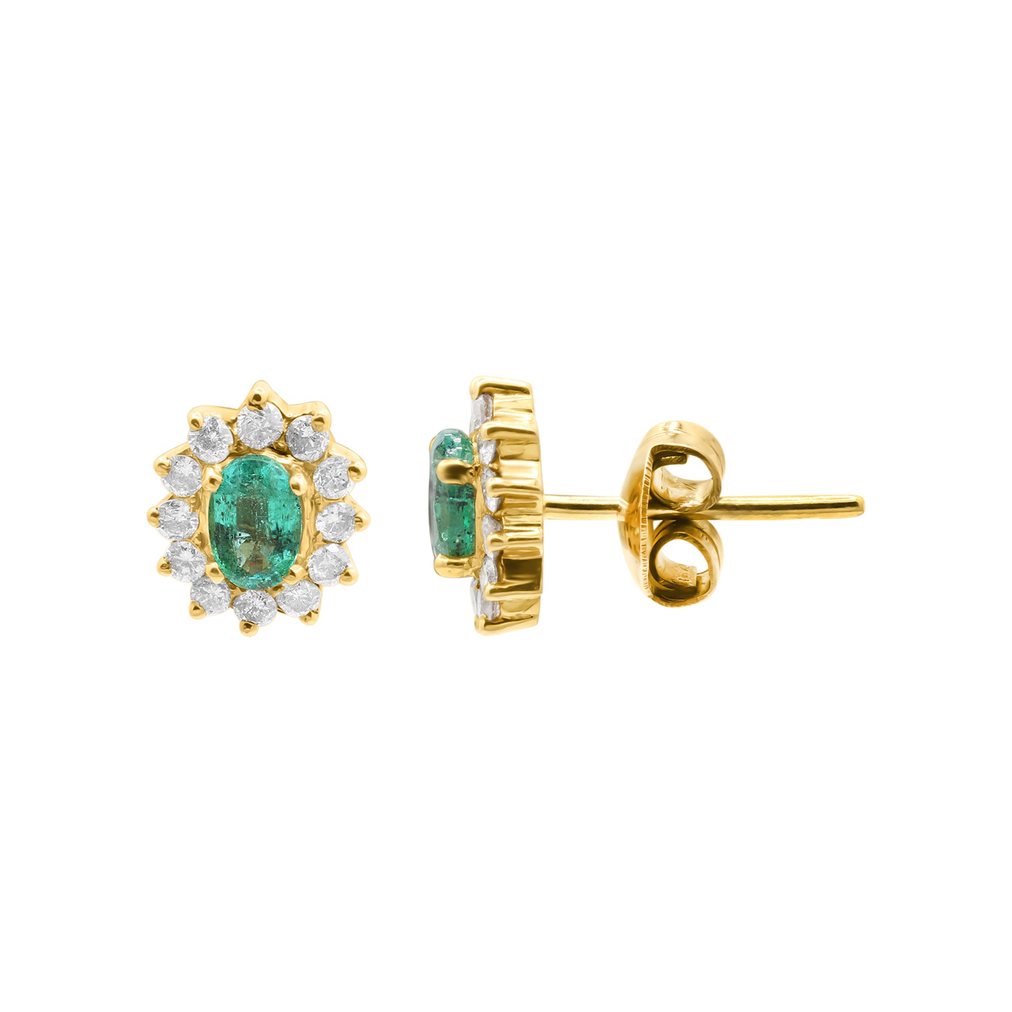 Oval Cut Emerald And Diamond 18k Yellow Gold Stud Earrings