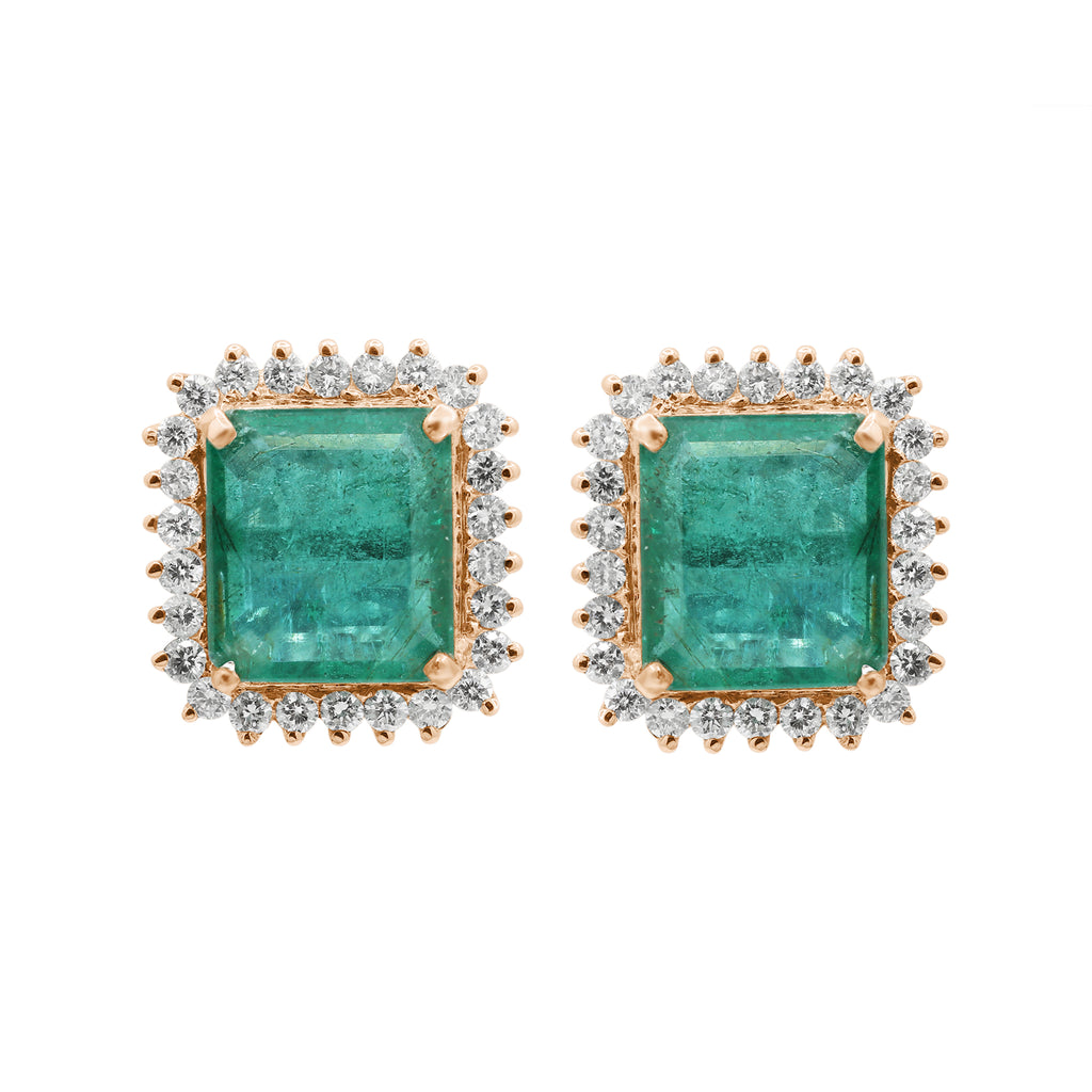 Natural Emerald Square Cut And Diamond 18k White Gold Stud Earrings