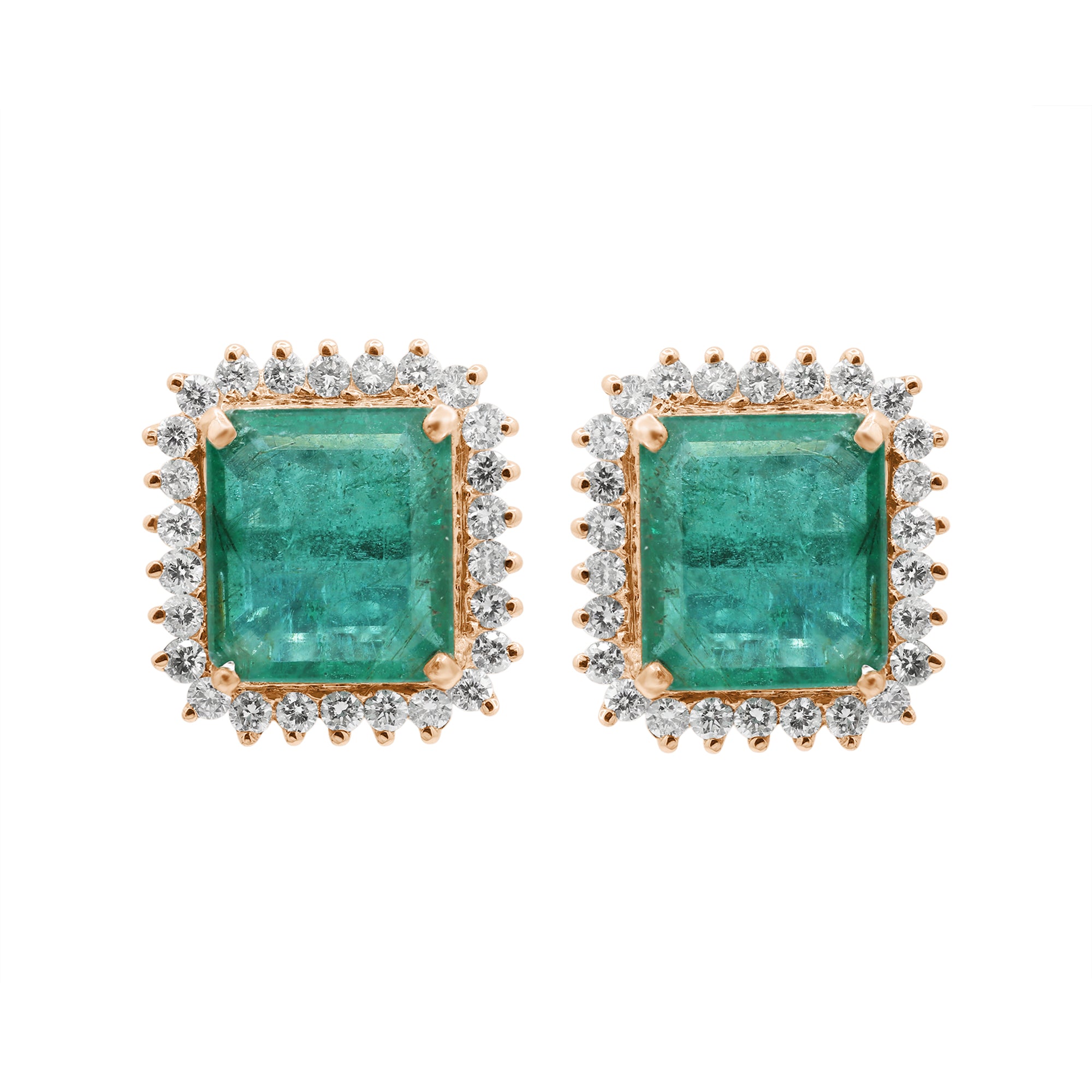 Natural Emerald Square Cut And Diamond 18k White Gold Stud Earrings