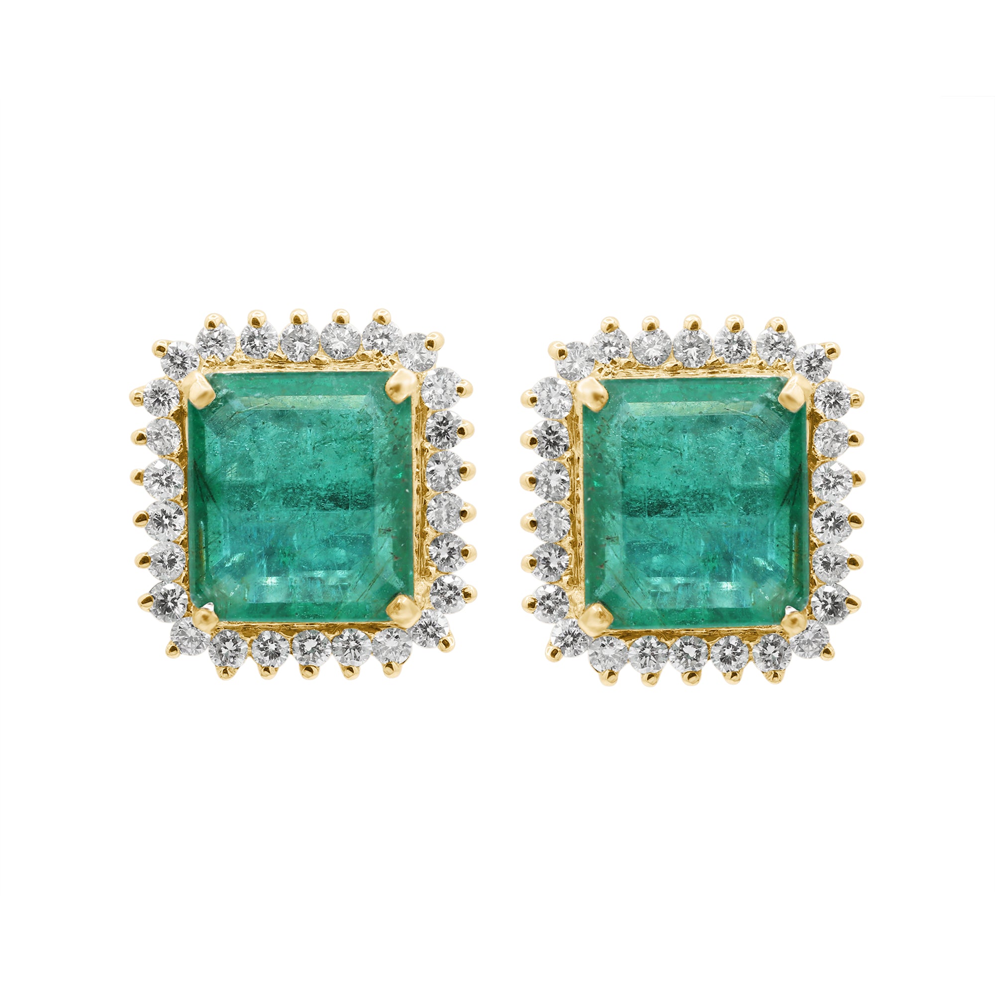 Natural Emerald Square Cut And Diamond 18k White Gold Stud Earrings