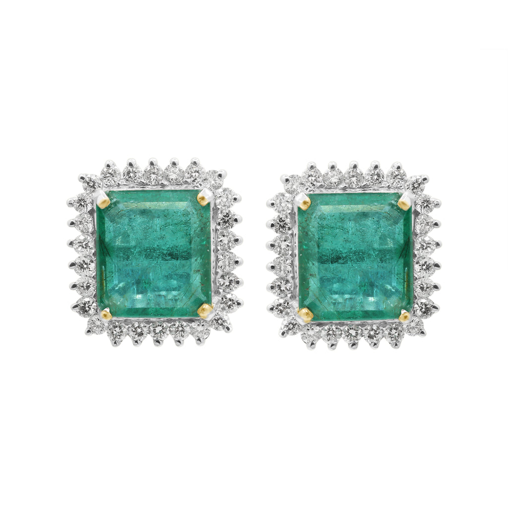 Natural Emerald Square Cut And Diamond 18k White Gold Stud Earrings