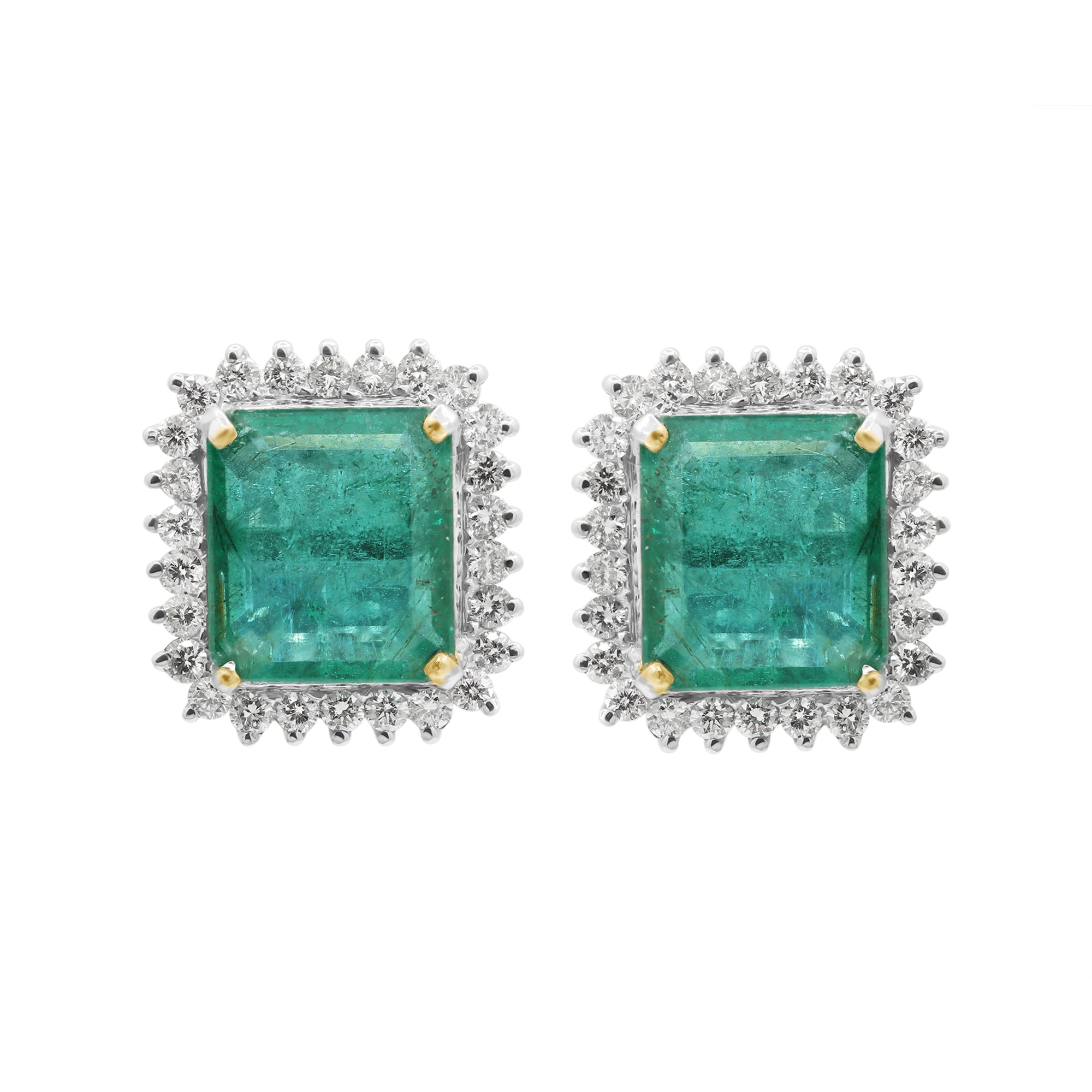 Natural Emerald Square Cut And Diamond 18k White Gold Stud Earrings