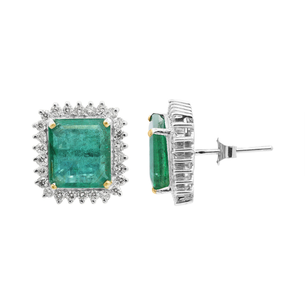 Natural Emerald Square Cut And Diamond 18k White Gold Stud Earrings