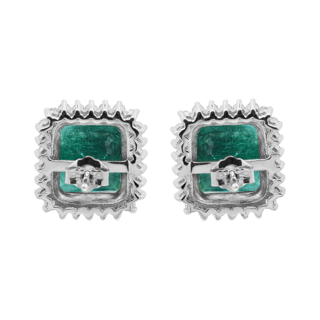 Natural Emerald Square Cut And Diamond 18k White Gold Stud Earrings