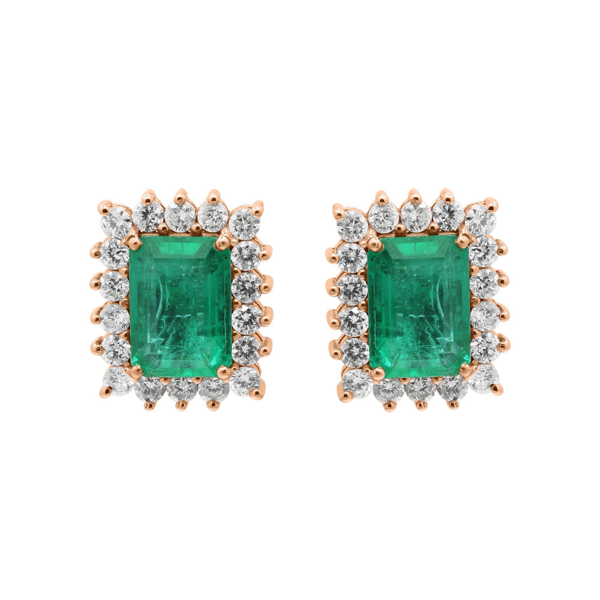 Natural Emerald With Diamond Stud Earrings In 18k White Gold