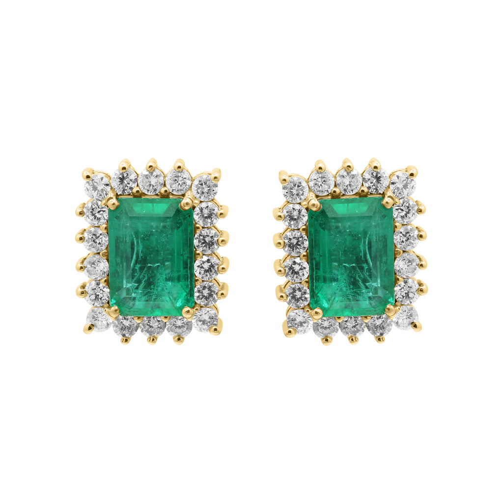 Natural Emerald With Diamond Stud Earrings In 18k White Gold