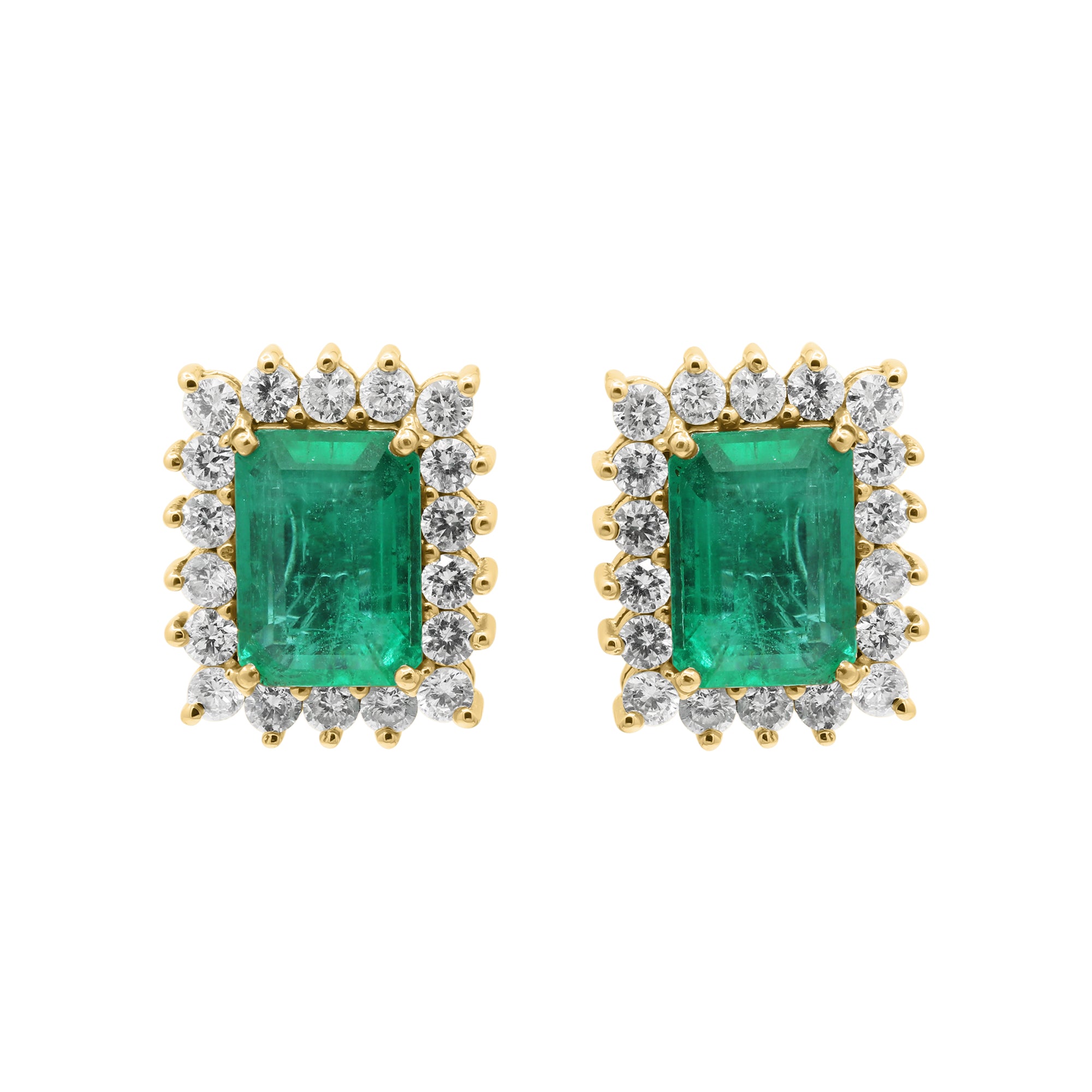 Natural Emerald With Diamond Stud Earrings In 18k White Gold