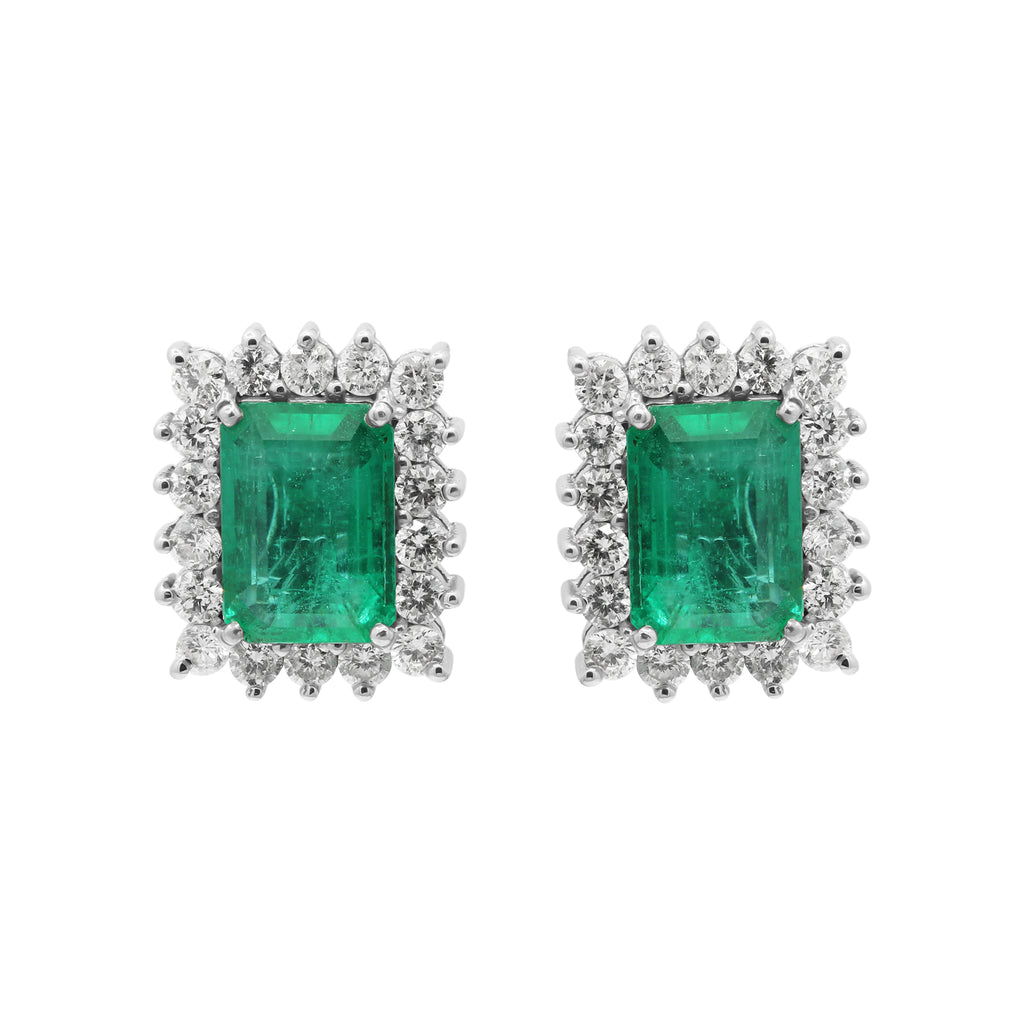 Natural Emerald With Diamond Stud Earrings In 18k White Gold