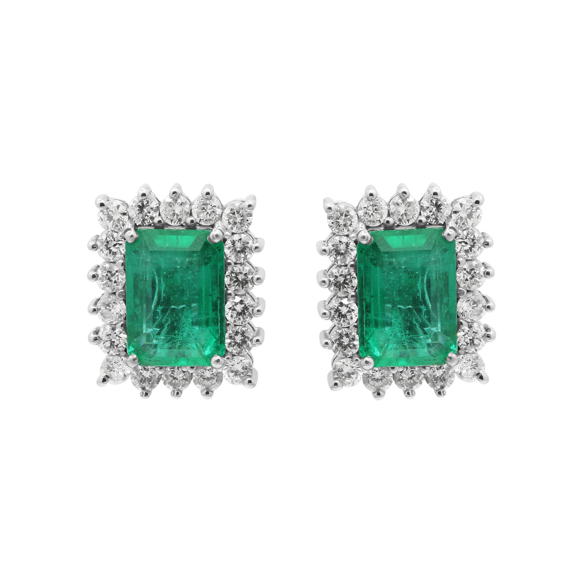 Natural Emerald With Diamond Stud Earrings In 18k White Gold