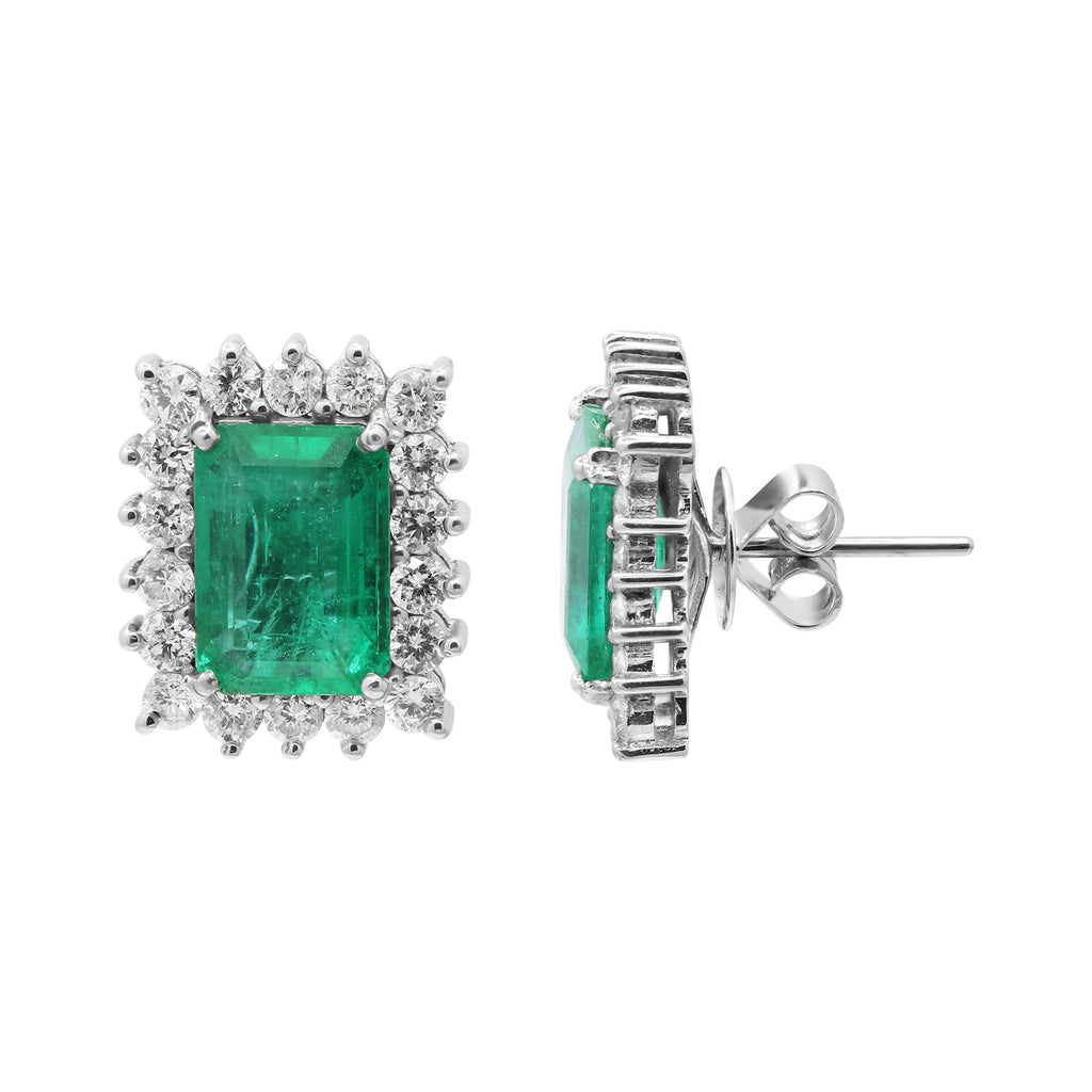 Natural Emerald With Diamond Stud Earrings In 18k White Gold