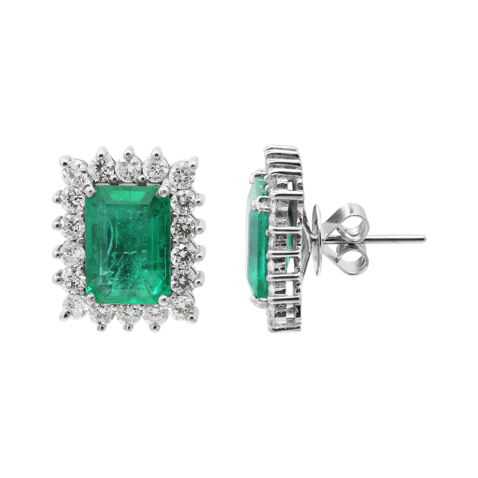 Natural Emerald With Diamond Stud Earrings In 18k White Gold