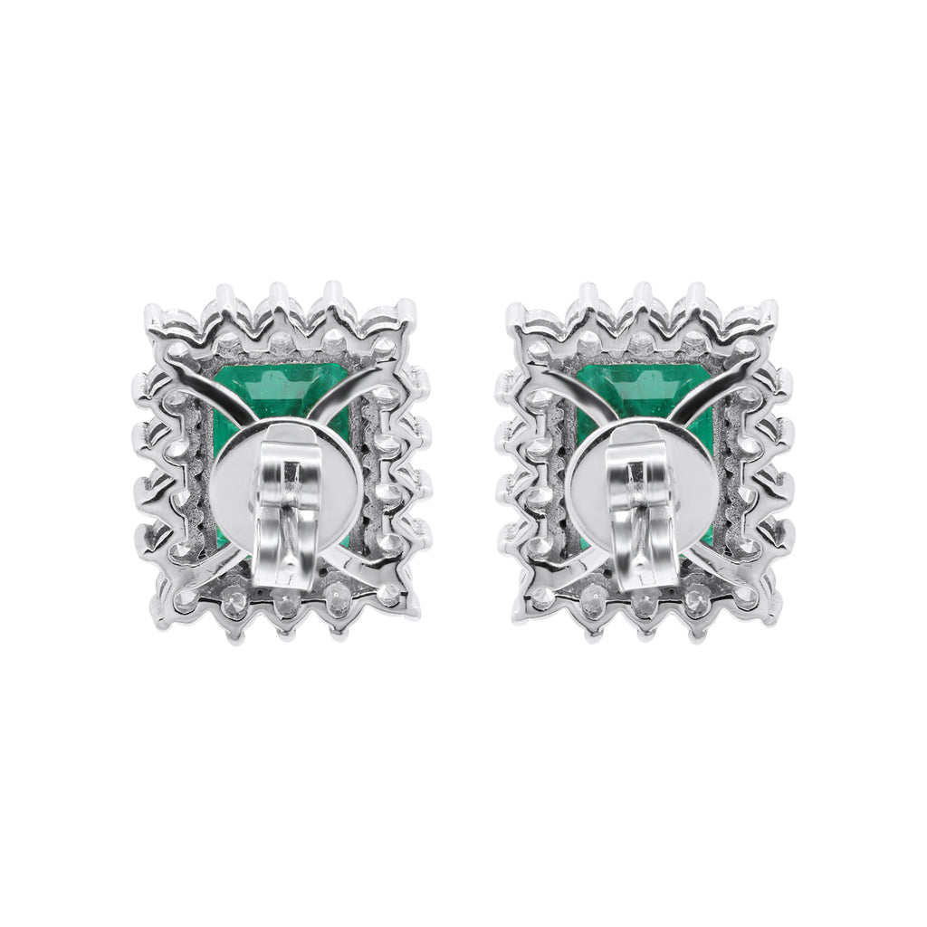 Natural Emerald With Diamond Stud Earrings In 18k White Gold
