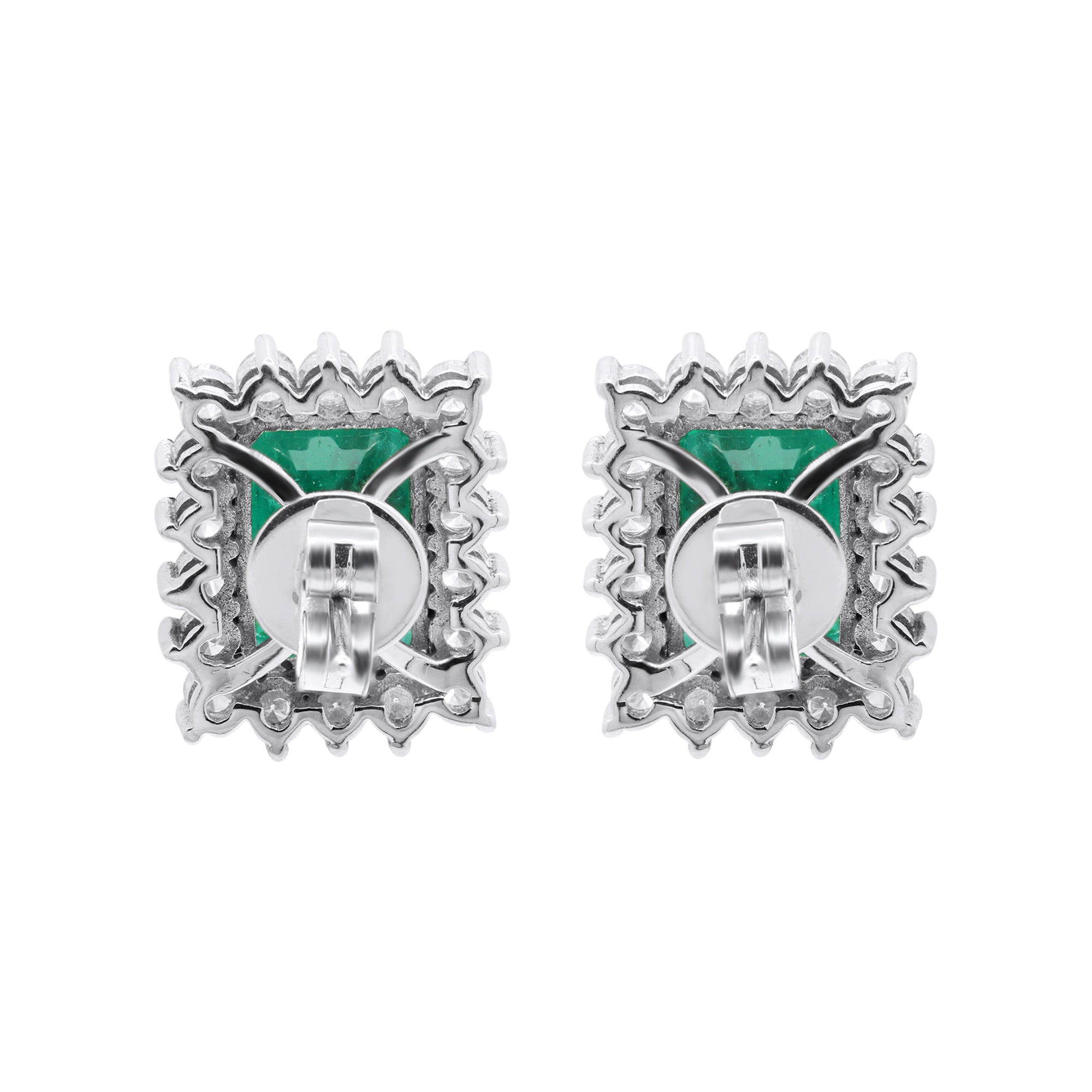 Natural Emerald With Diamond Stud Earrings In 18k White Gold