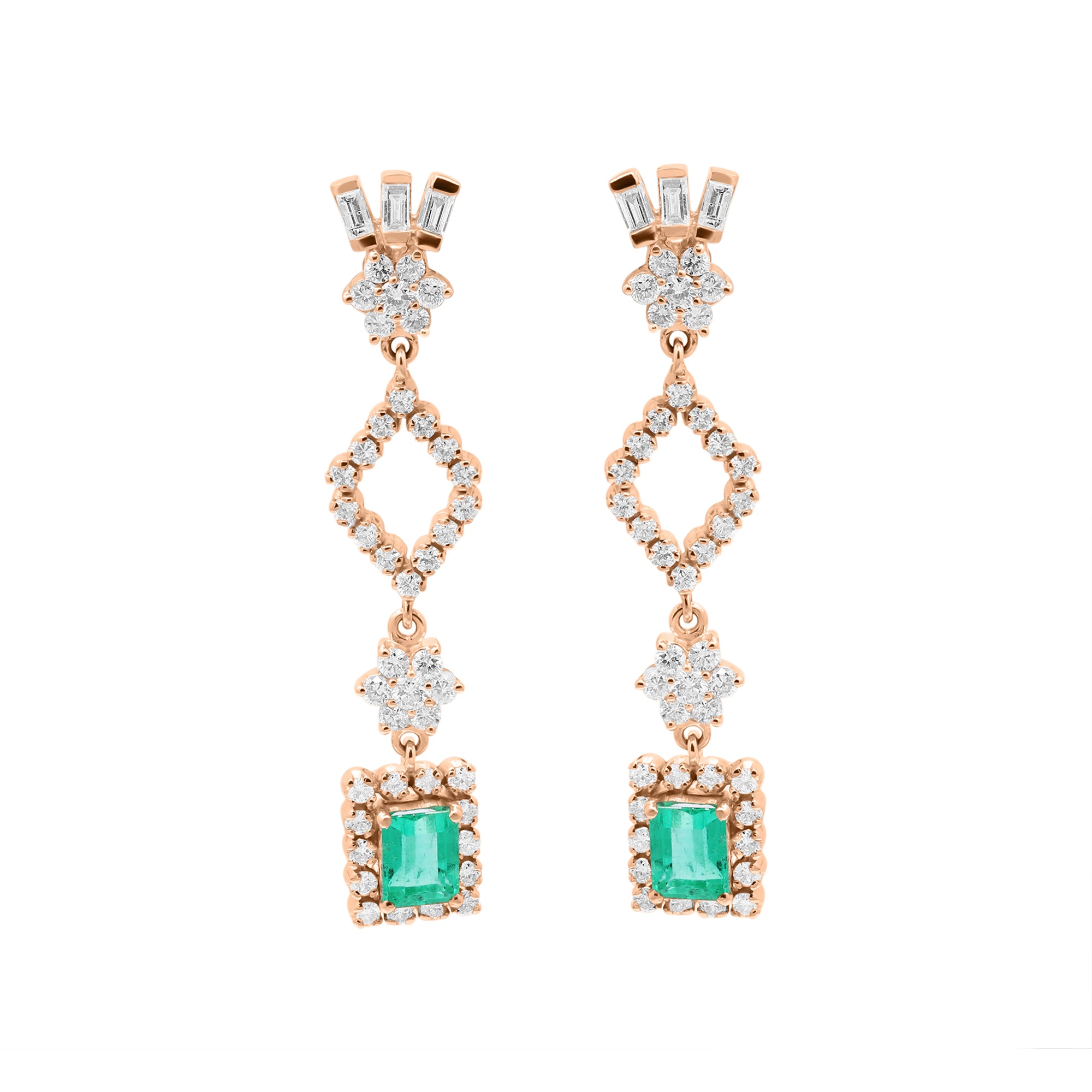 Natural Emerald And Diamond 18k White Gold Drop Dangle Earring