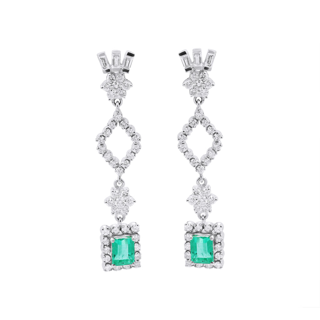 Natural Emerald And Diamond 18k White Gold Drop Dangle Earring