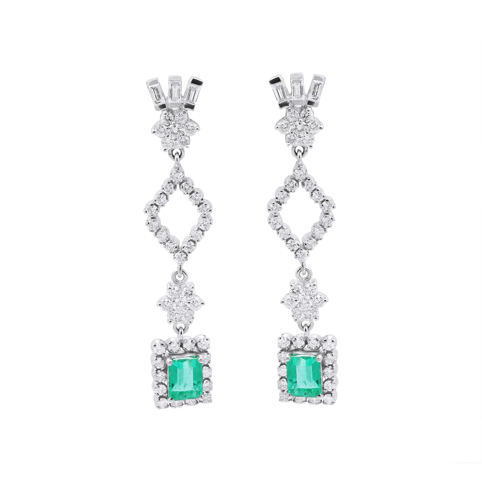 Natural Emerald And Diamond 18k White Gold Drop Dangle Earring