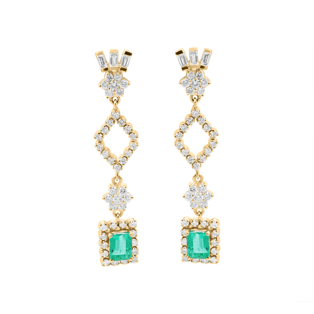 Natural Emerald And Diamond 18k White Gold Drop Dangle Earring
