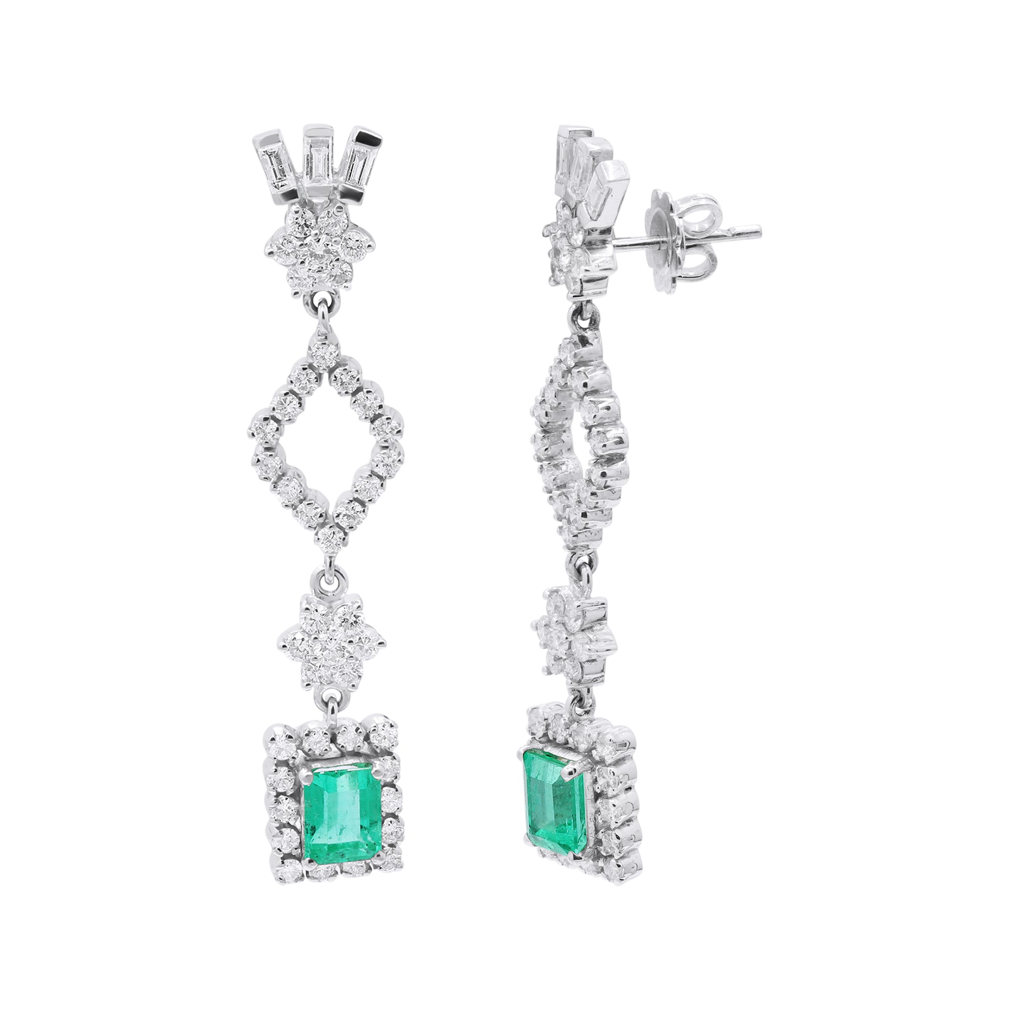 Natural Emerald And Diamond 18k White Gold Drop Dangle Earring