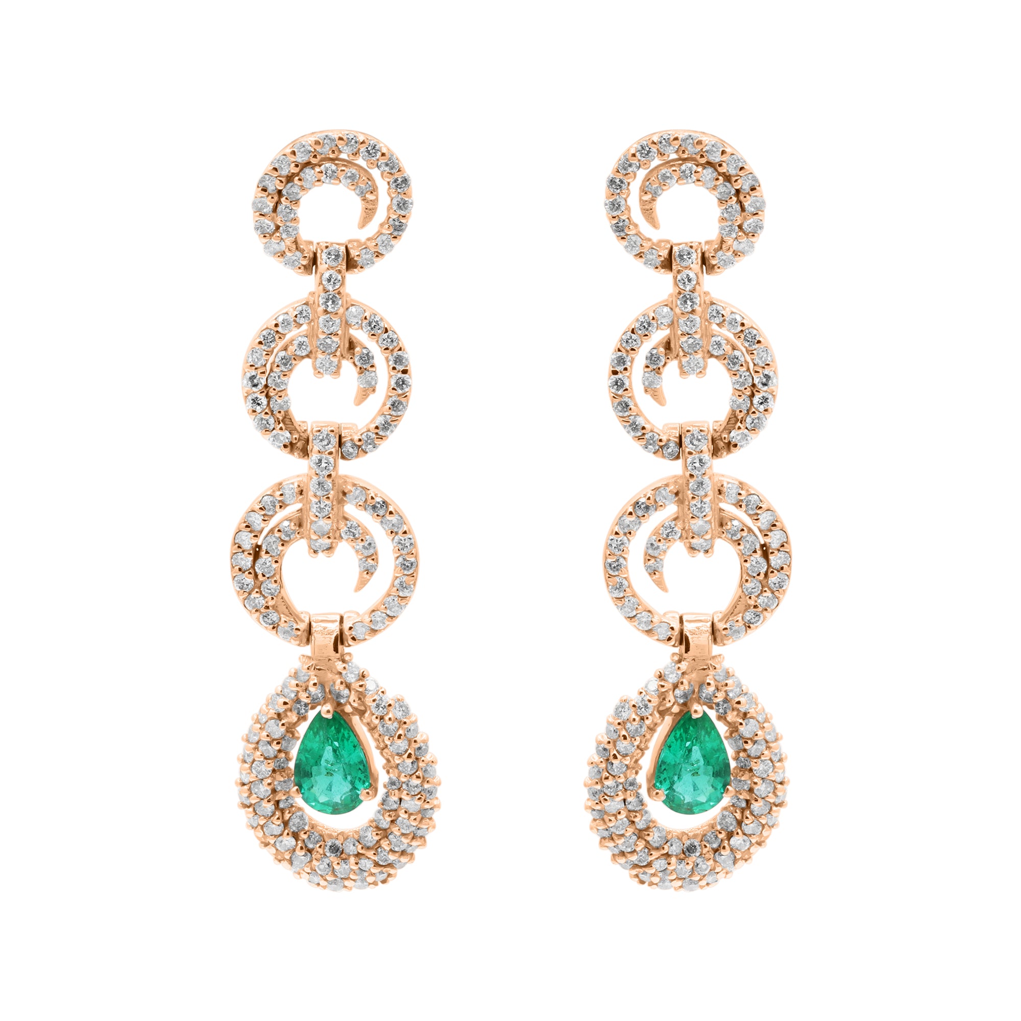 Pear Shaped Natural Emerald And Diamond Drop Dangle Earring In 18k White Gold