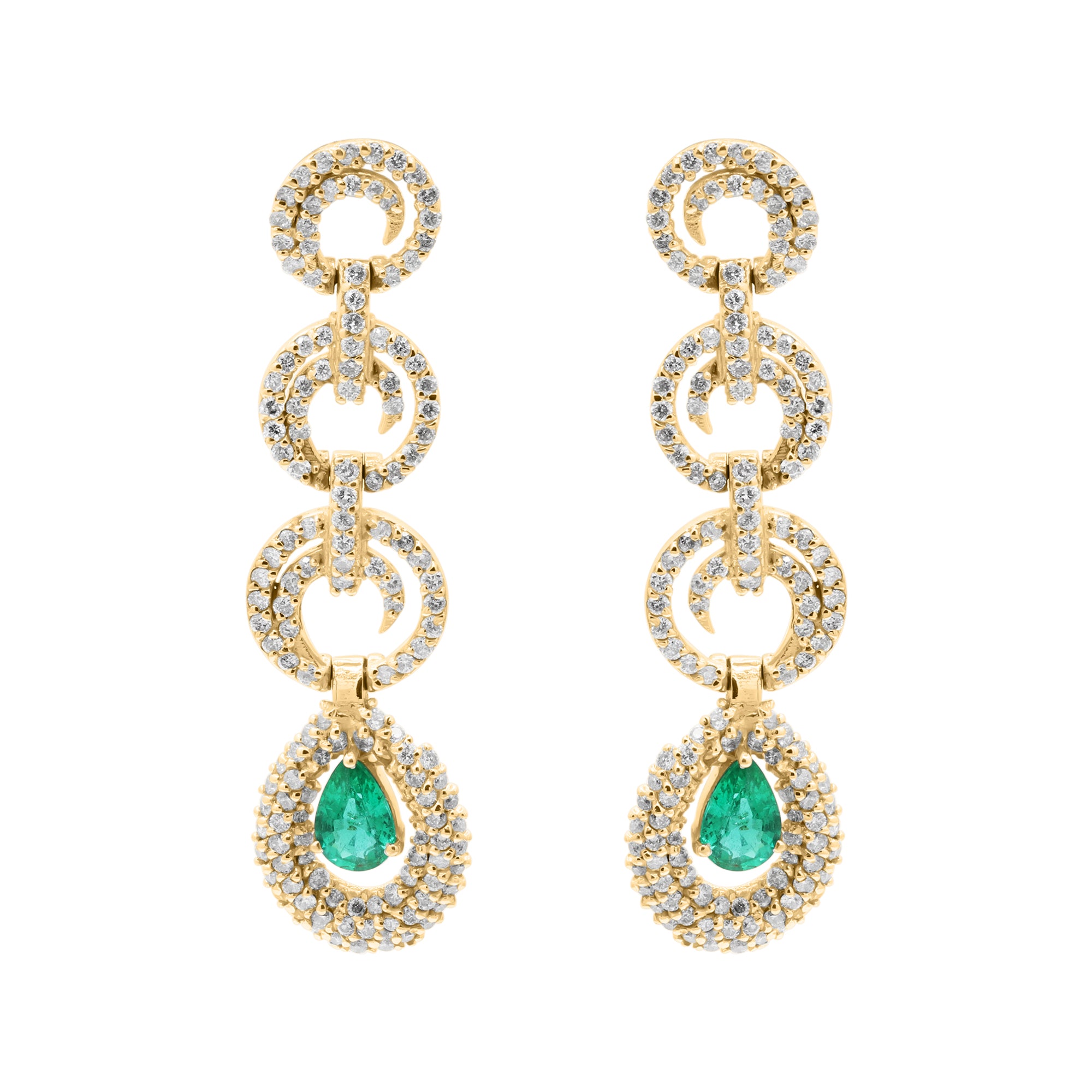 Pear Shaped Natural Emerald And Diamond Drop Dangle Earring In 18k White Gold