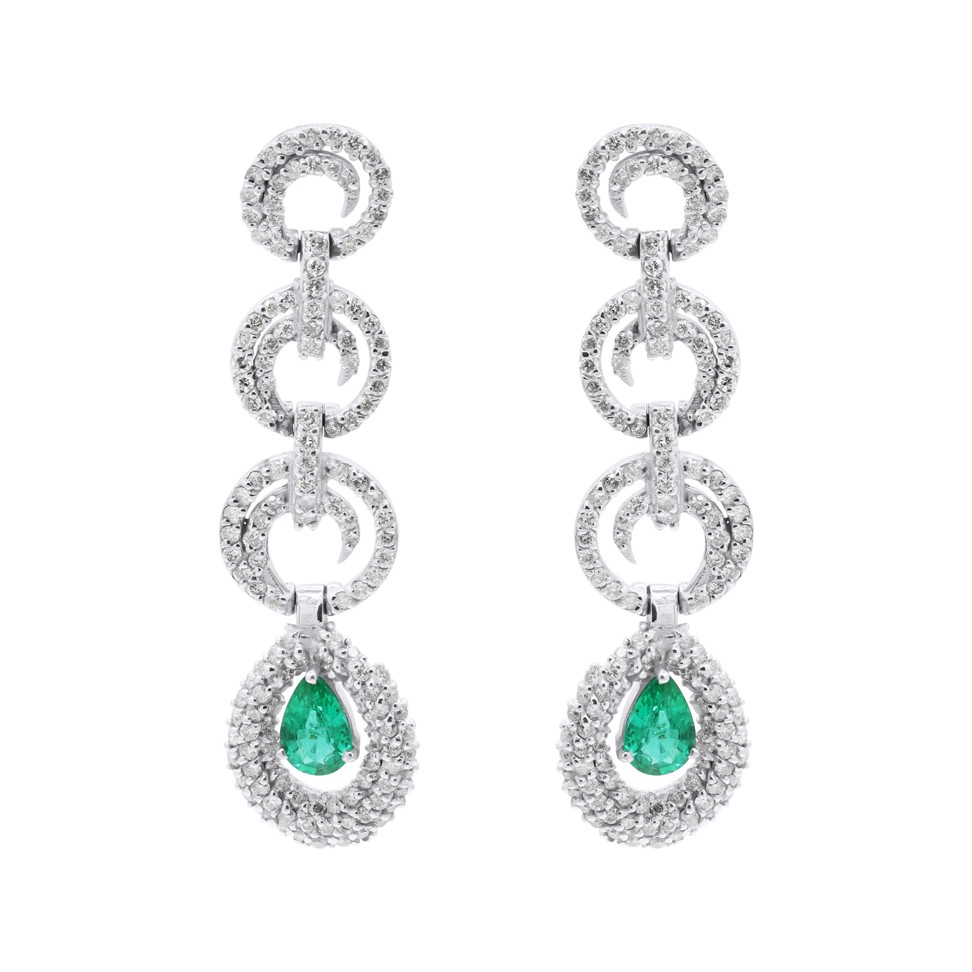 Pear Shaped Natural Emerald And Diamond Drop Dangle Earring In 18k White Gold