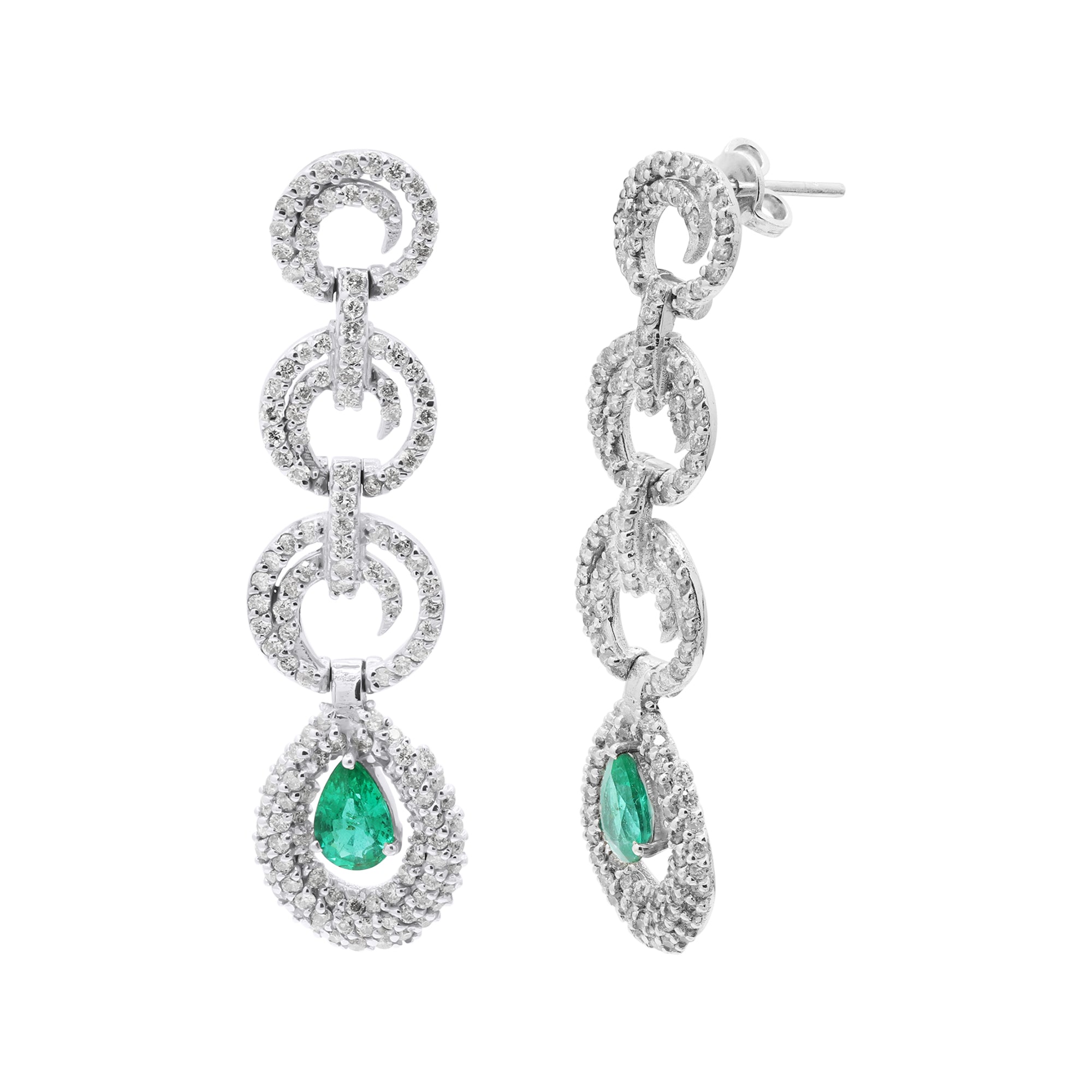 Pear Shaped Natural Emerald And Diamond Drop Dangle Earring In 18k White Gold