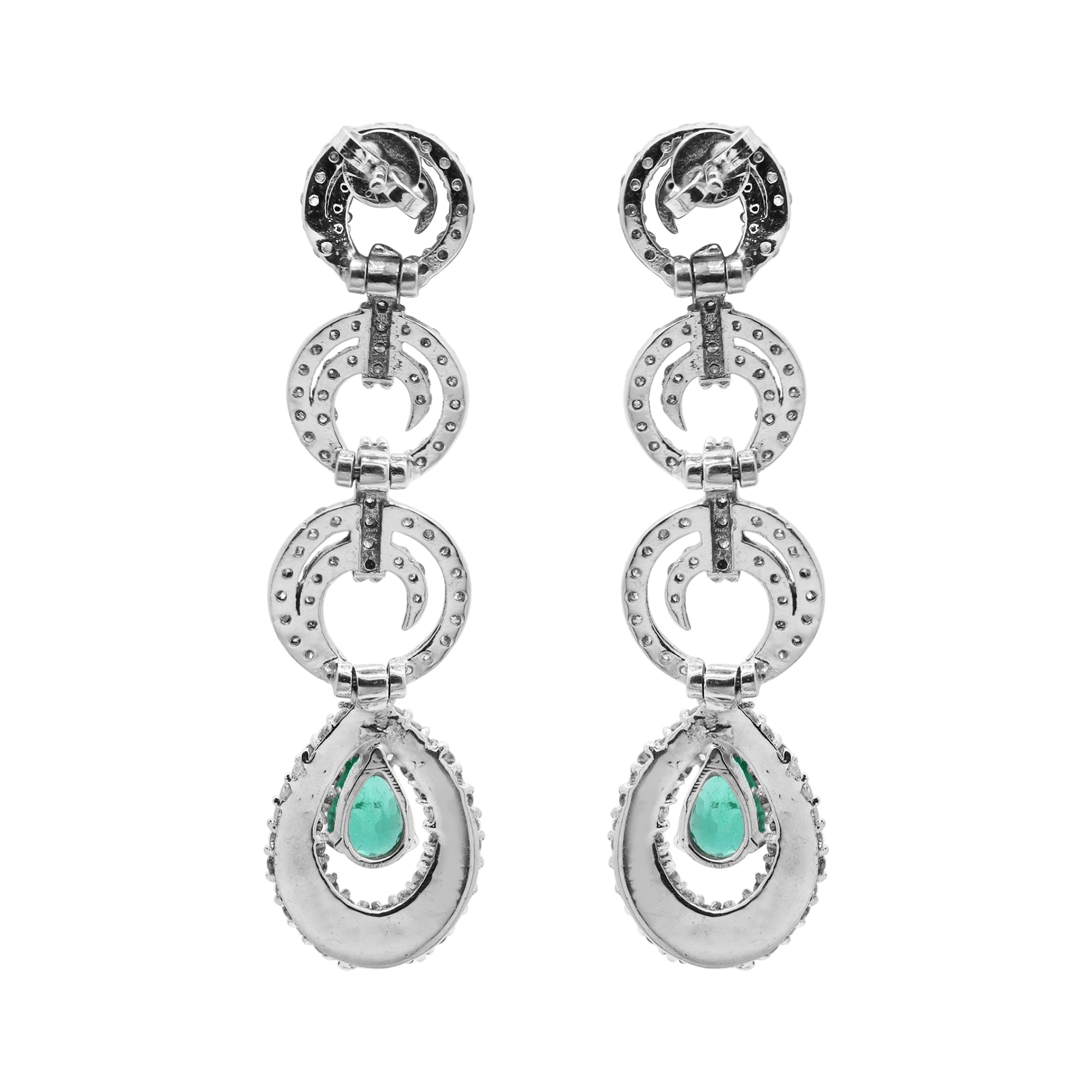 Pear Shaped Natural Emerald And Diamond Drop Dangle Earring In 18k White Gold