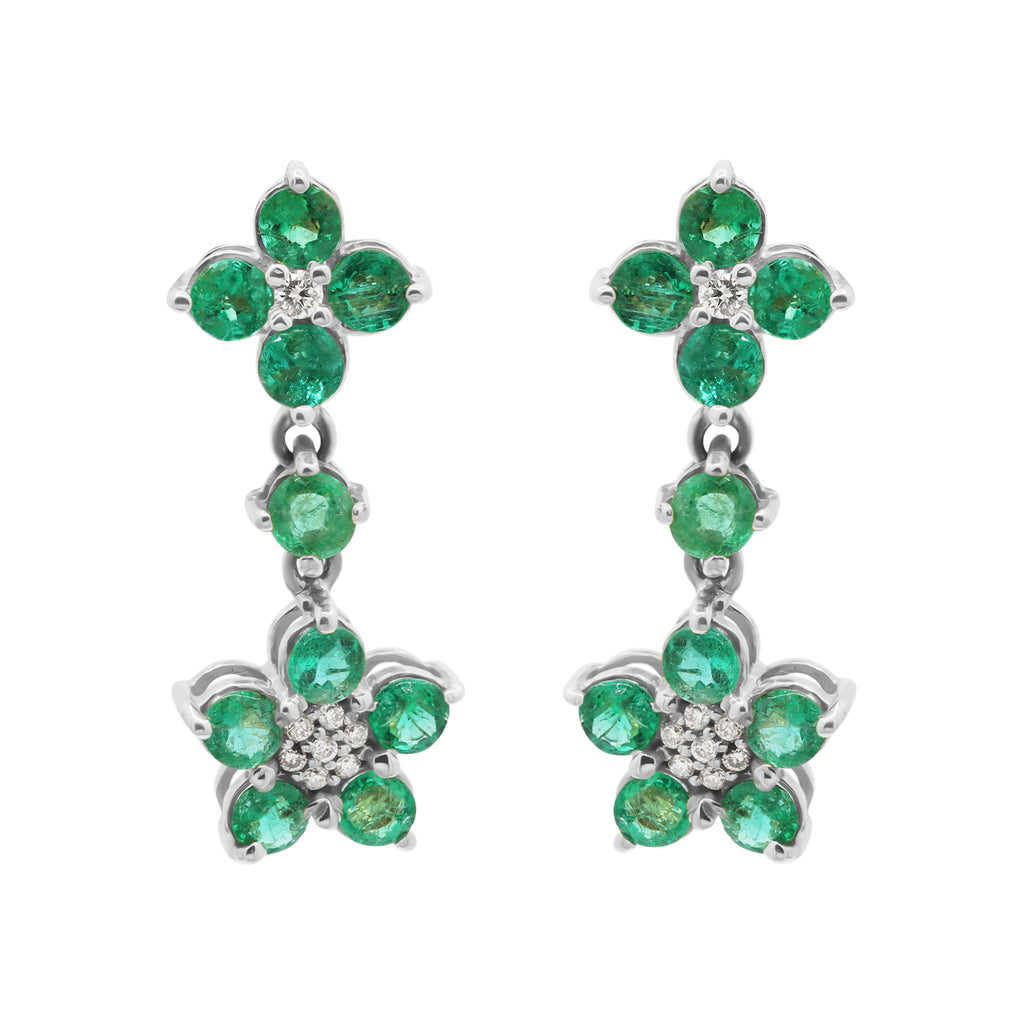 Round Floral Shaped Natural Emerald And Diamond Drop Earring In 14k Yellow Gold