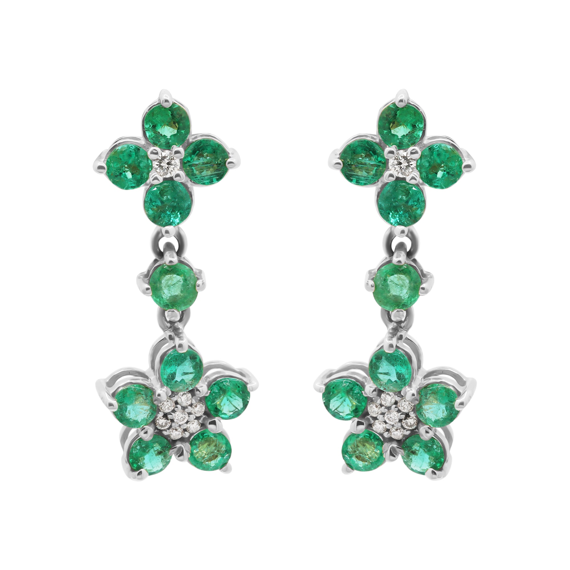 Round Floral Shaped Natural Emerald And Diamond Drop Earring In 14k Yellow Gold