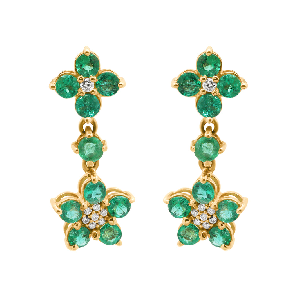 Round Floral Shaped Natural Emerald And Diamond Drop Earring In 14k Yellow Gold